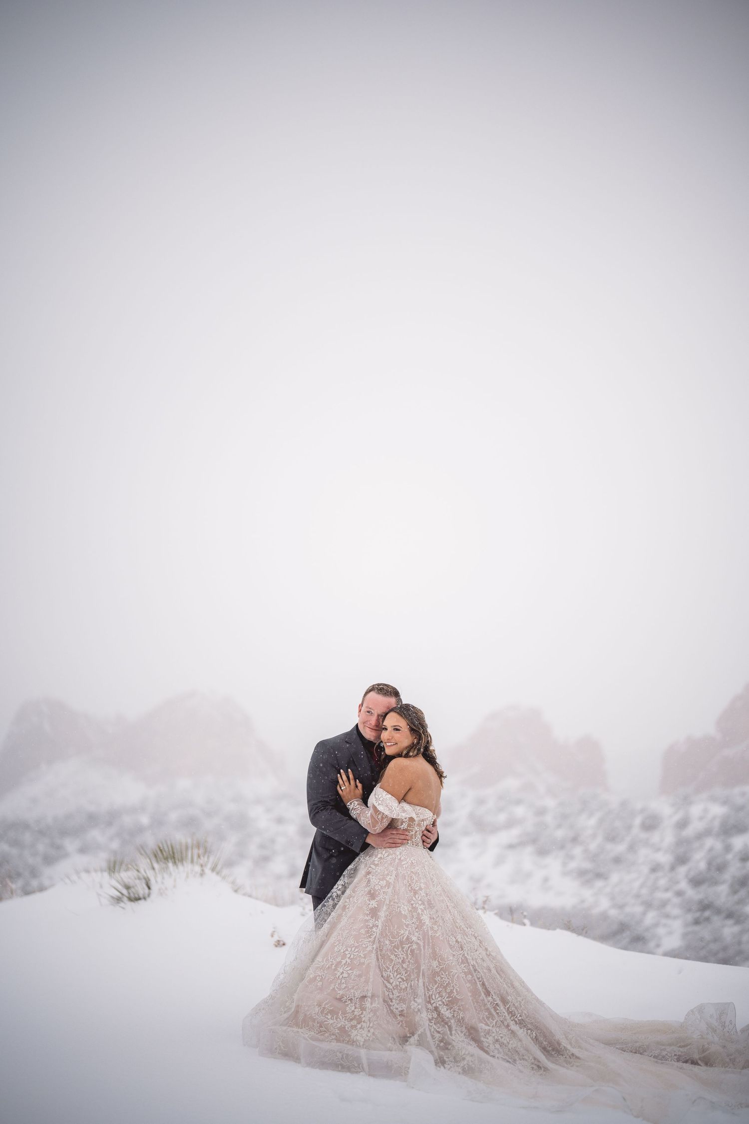 Elegant wedding portraits against a serene snowy mountain landscape.