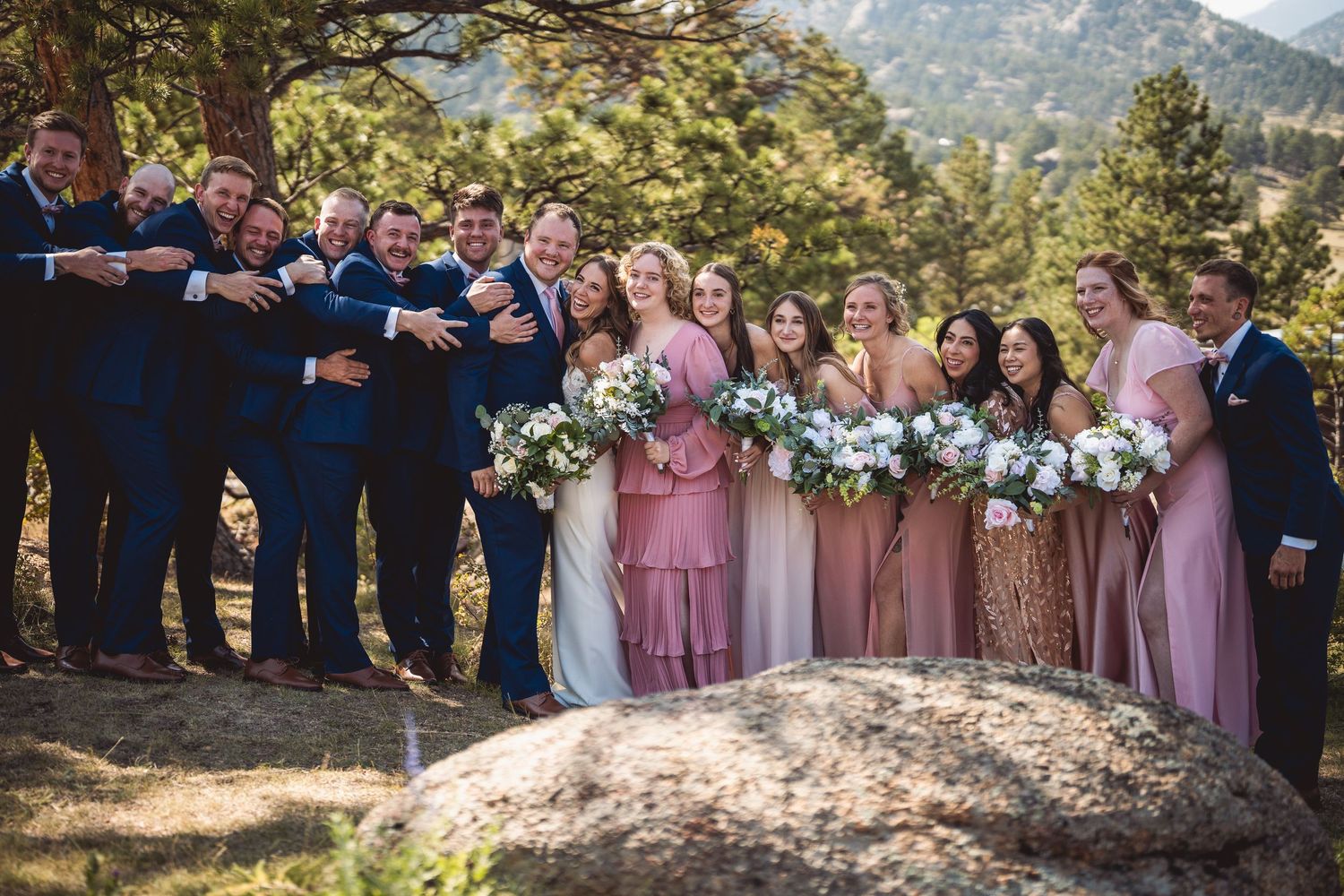 Wedding party poses outdoors against a scenic mountain backdrop in a natural setting.