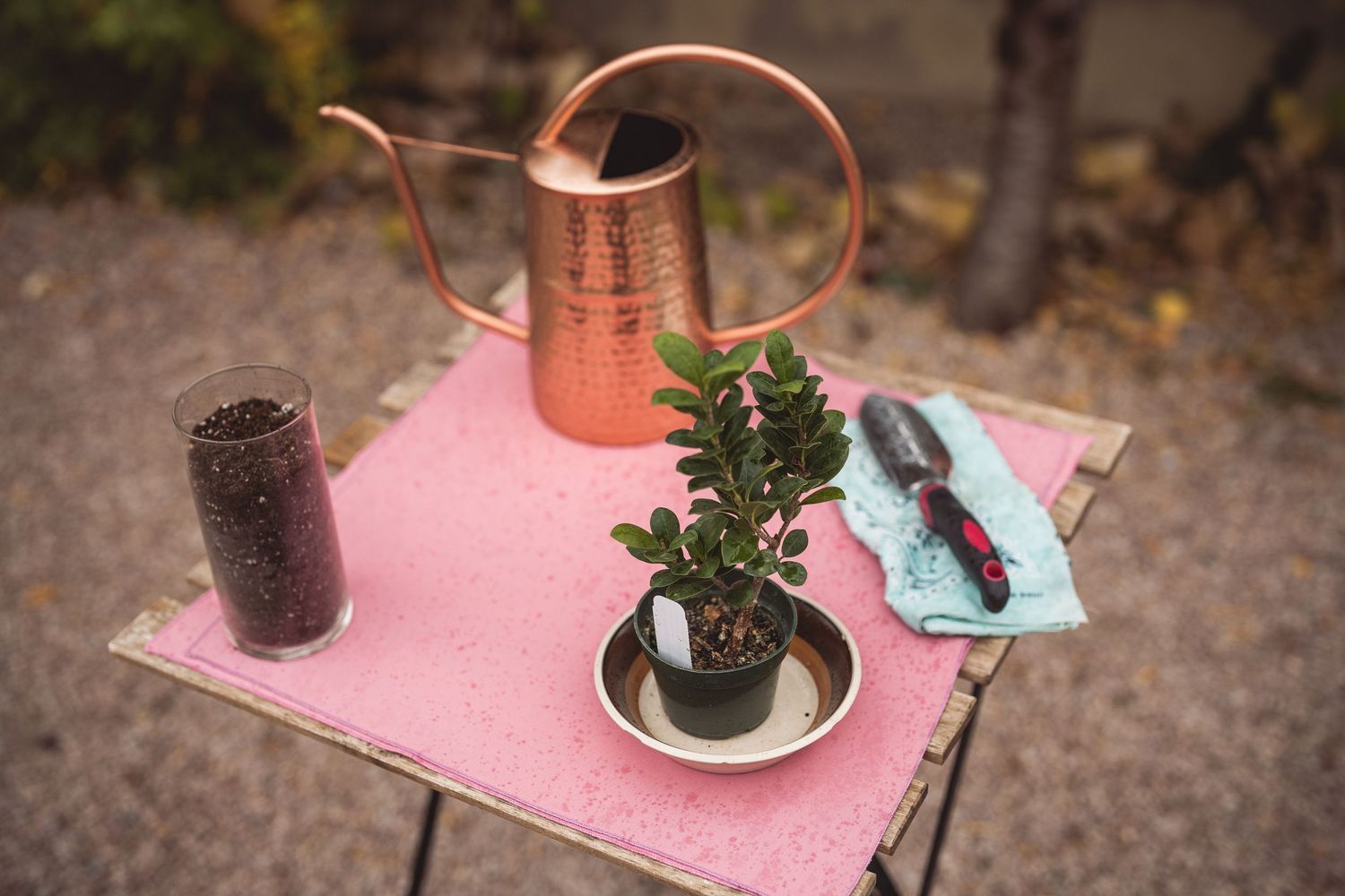 Pink table settings with delicate floral centerpieces and place cards at a wedding reception.