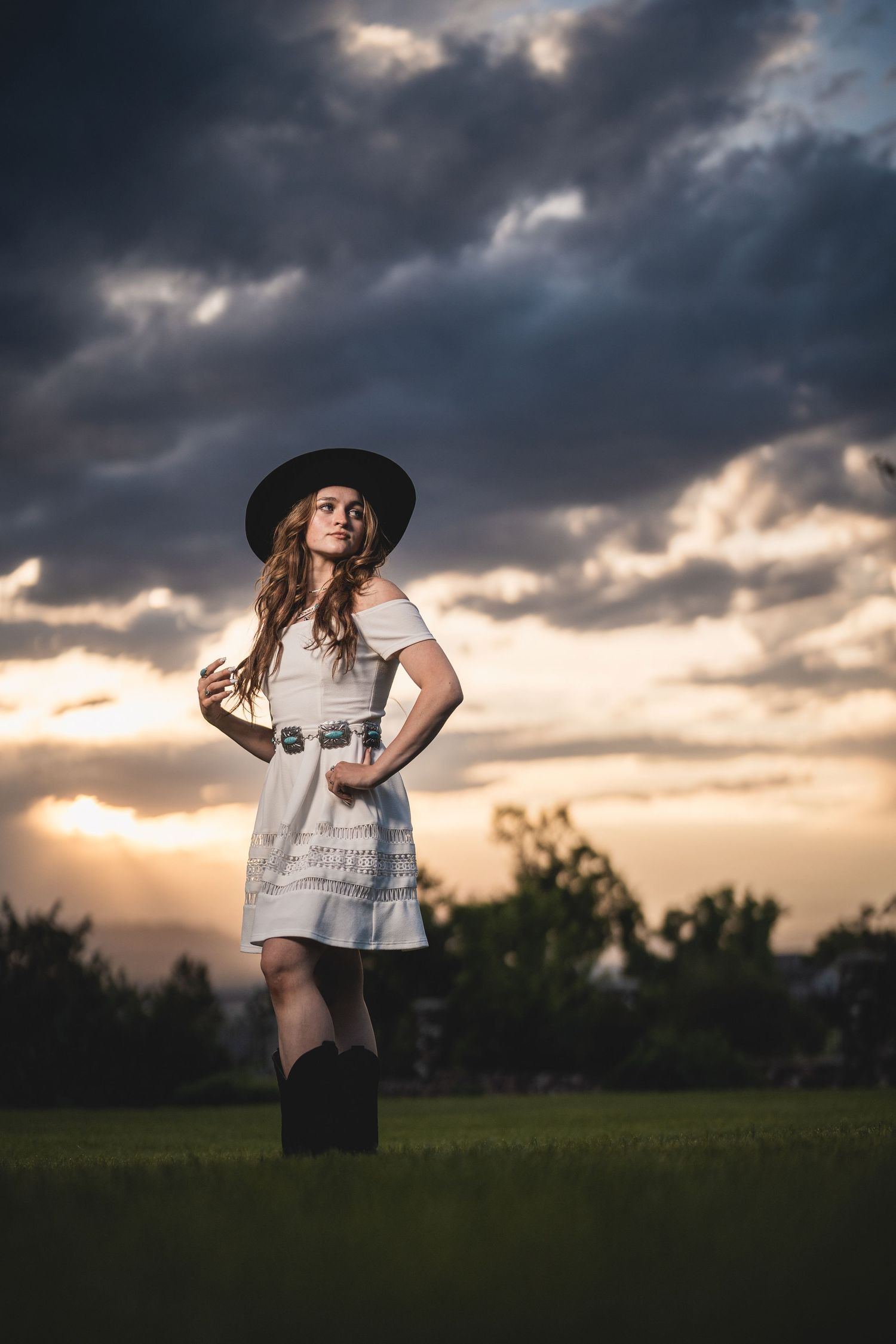 A dramatic sunset photography session in a field with moody clouds.