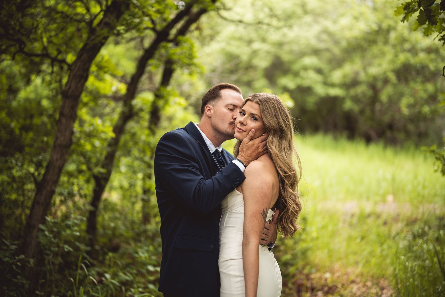 Wedding photography sequence showing romantic moments on a forest path.