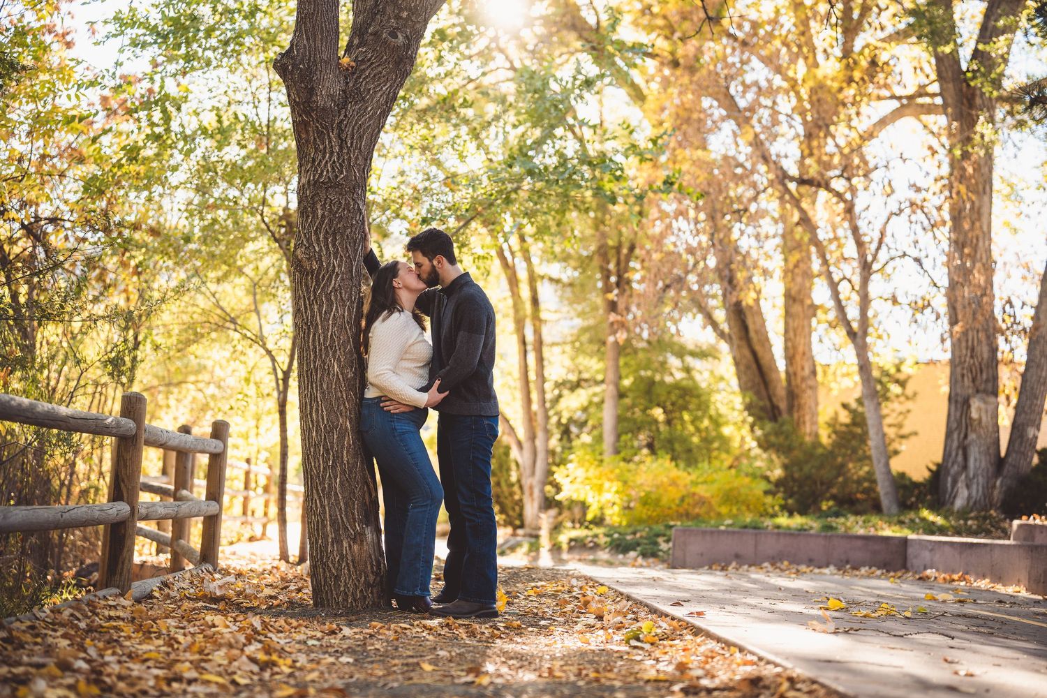Couple kissing under a tree in autumn park with golden leaves and warm sunlight filtering through colorful fall foliage.