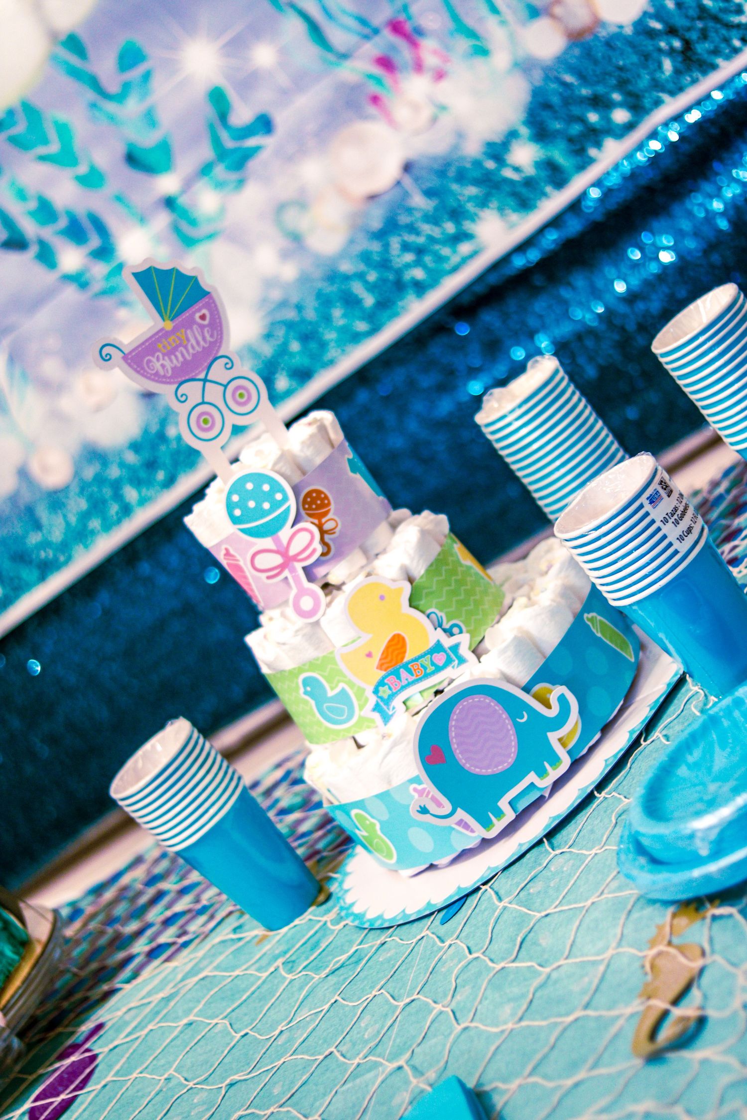 Blue and white diaper cake