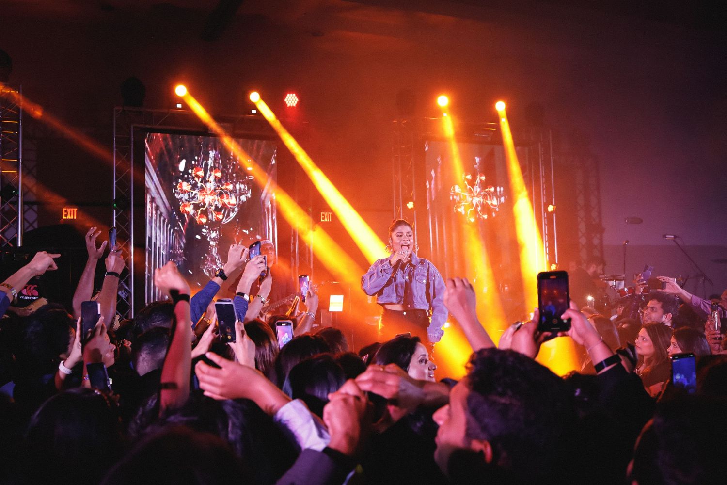 Musical show. A woman singing under flashy lights. crowd cheering.