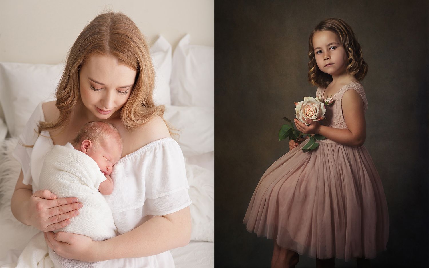 Side-by-side portraits of mother with newborn and young girl in formal dress.