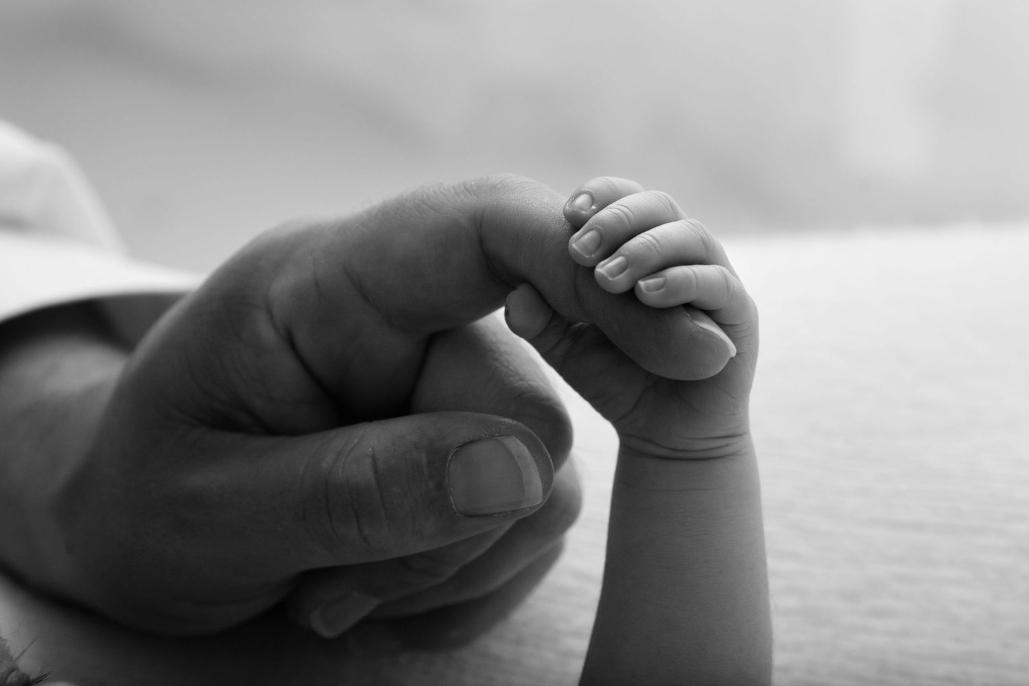 Black and white close-up of adult hand holding tiny newborn baby hand.