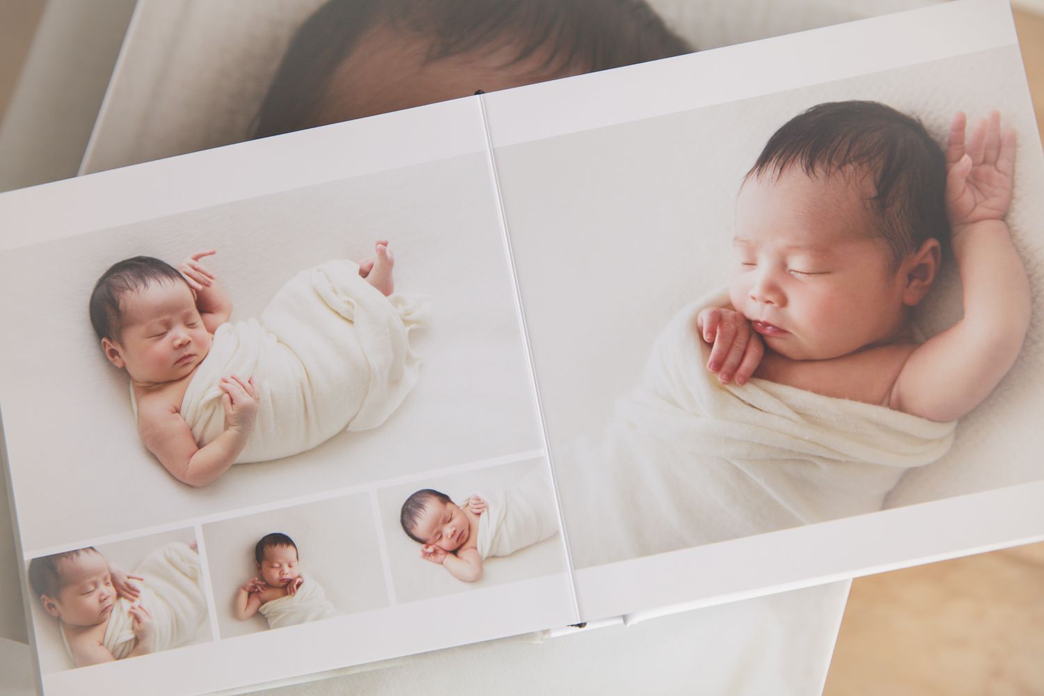 A collection of newborn photography portraits arranged in a horizontal collage on white backgrounds.