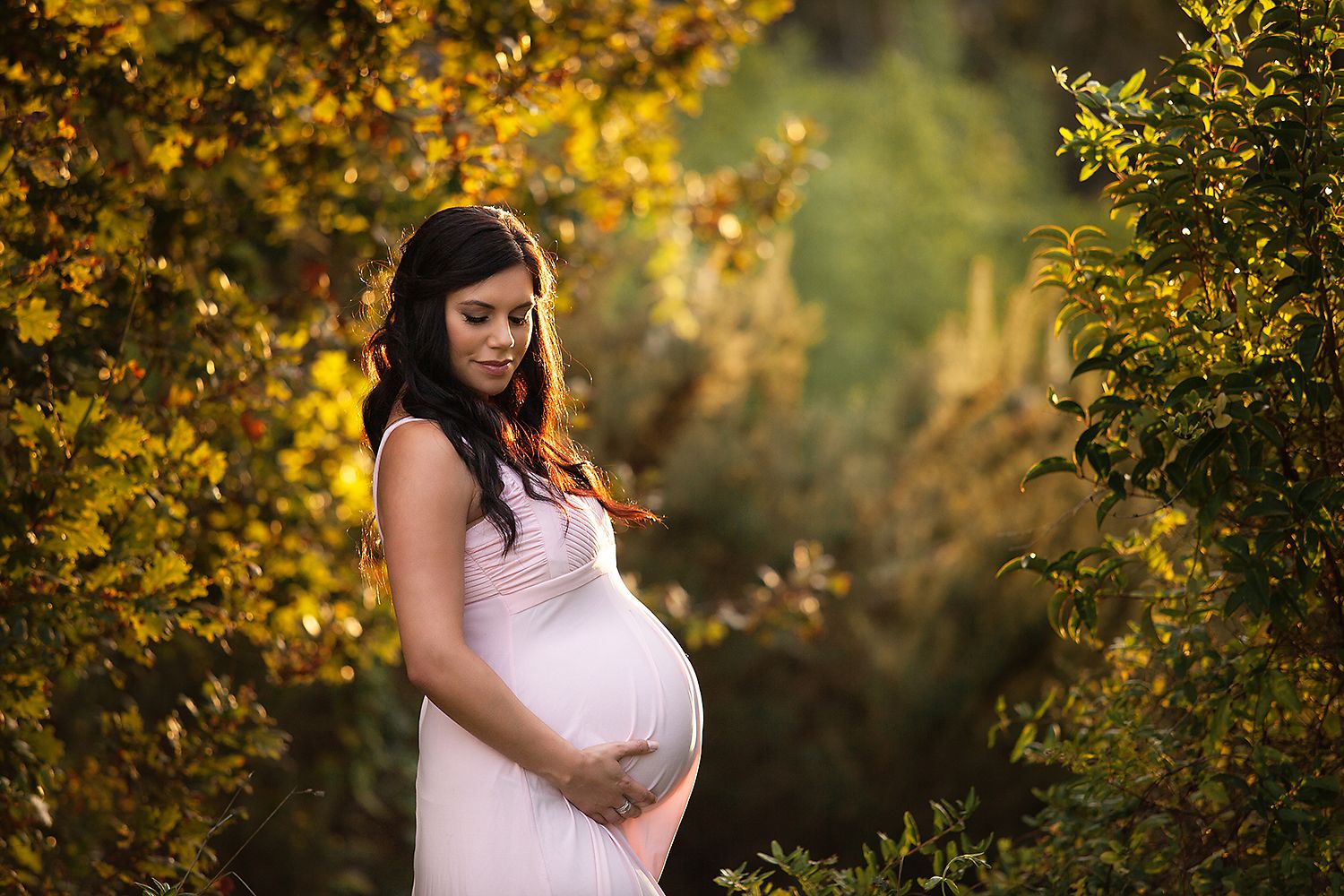 A pregnant woman in a pink dress poses in a garden setting during golden hour with autumn foliage in the background.