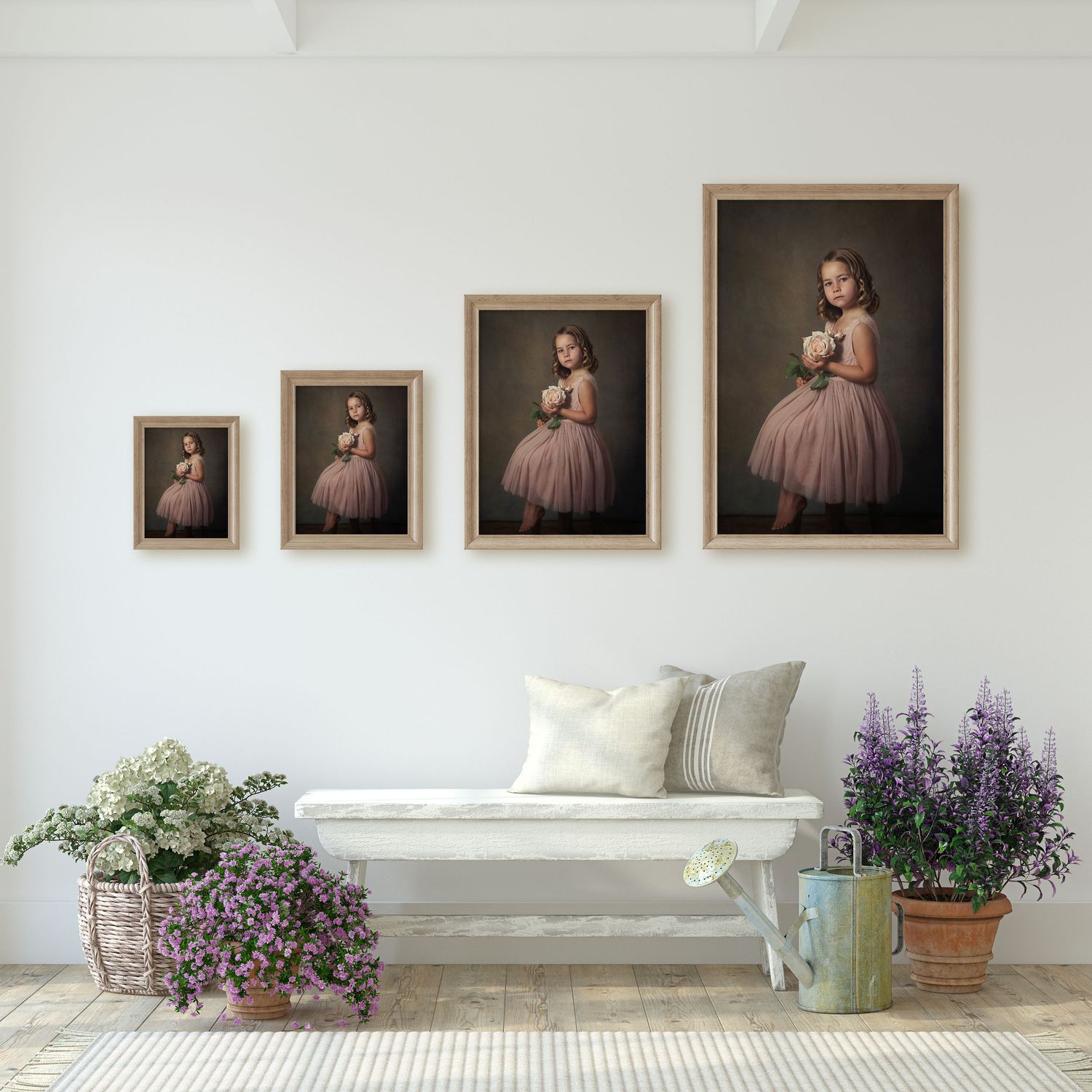 Gallery wall display showing framed portraits with purple flowers and decor on a white wall.