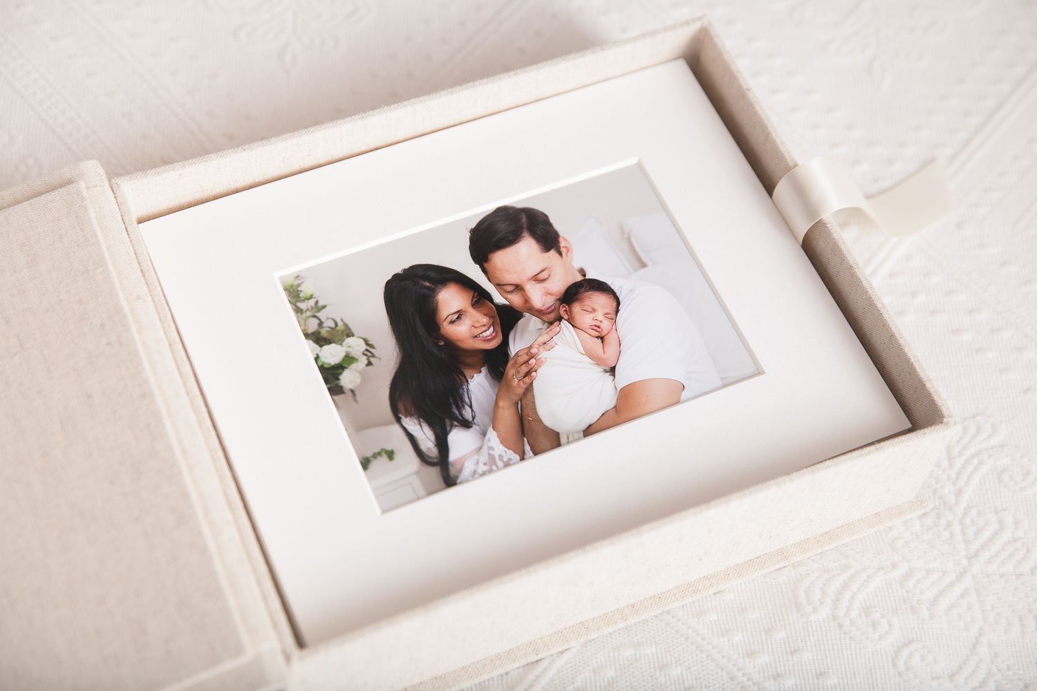 Elegant photo presentation box with family portraits and decorative elements.