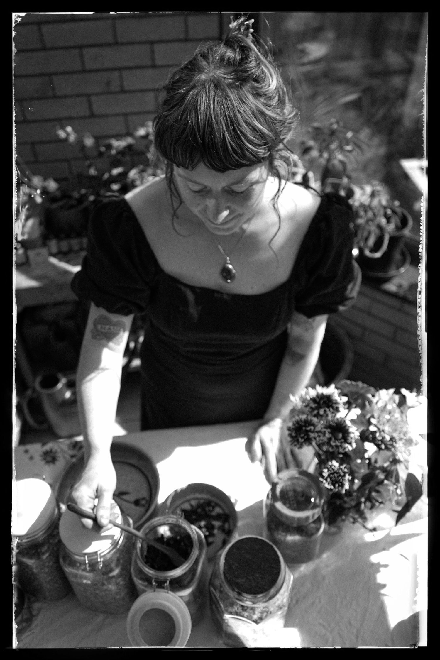 Black and white sequence showing hands planting small plants and flowers in containers in bright sunlight.