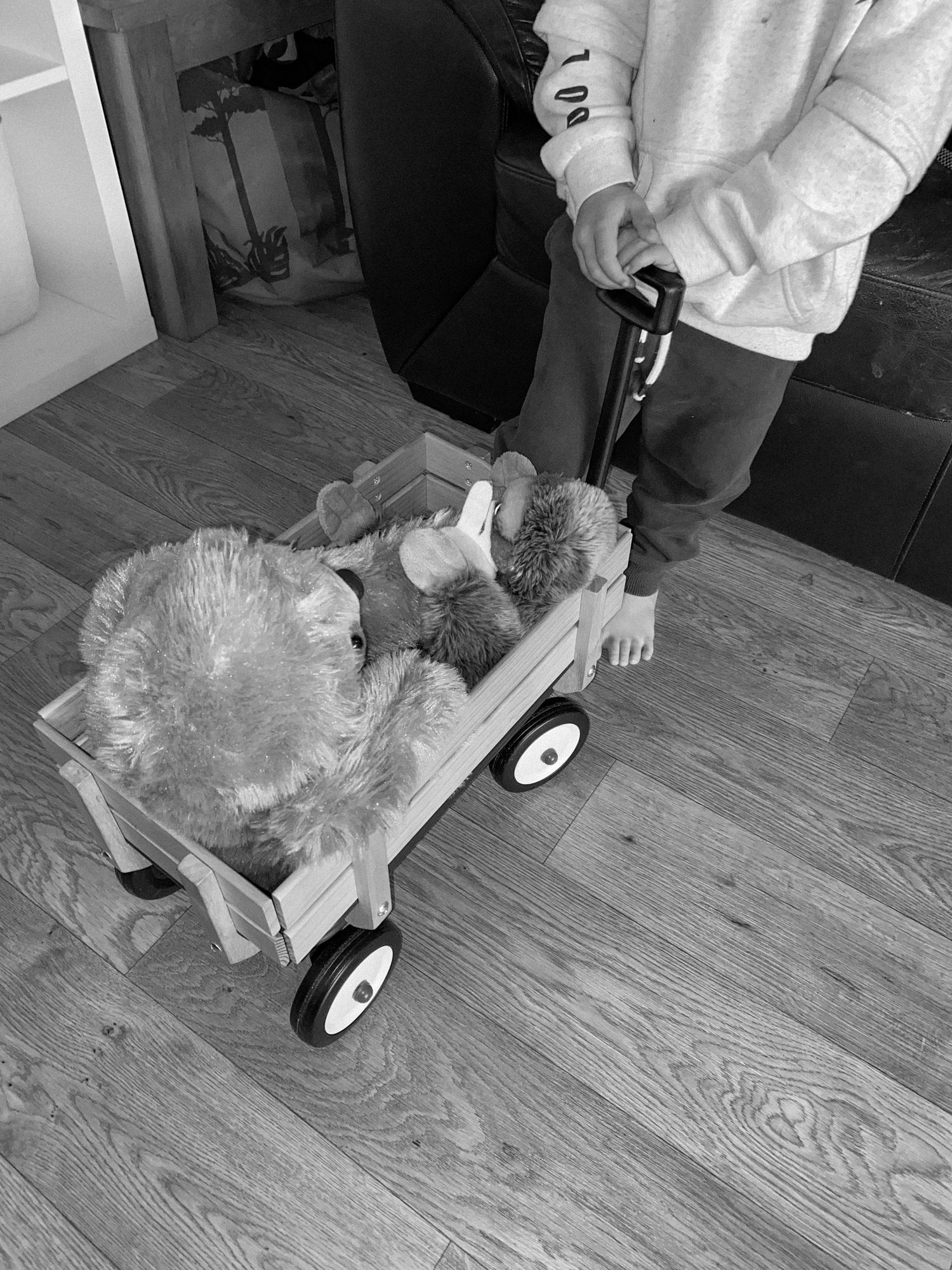Two stuffed animals being pulled in a small red wagon on a wooden floor.