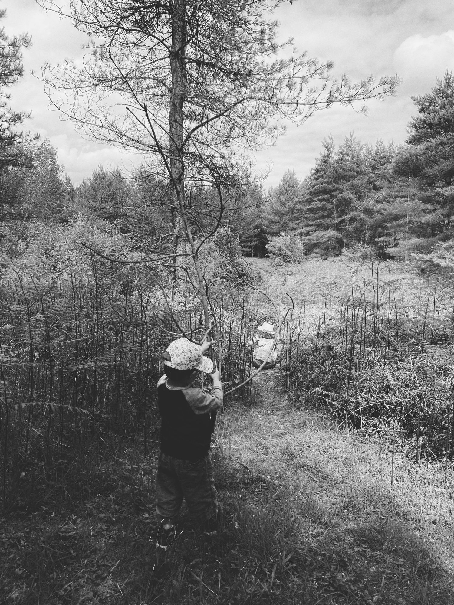 A black and white photograph of people walking on a nature trail through bare trees and brush.
