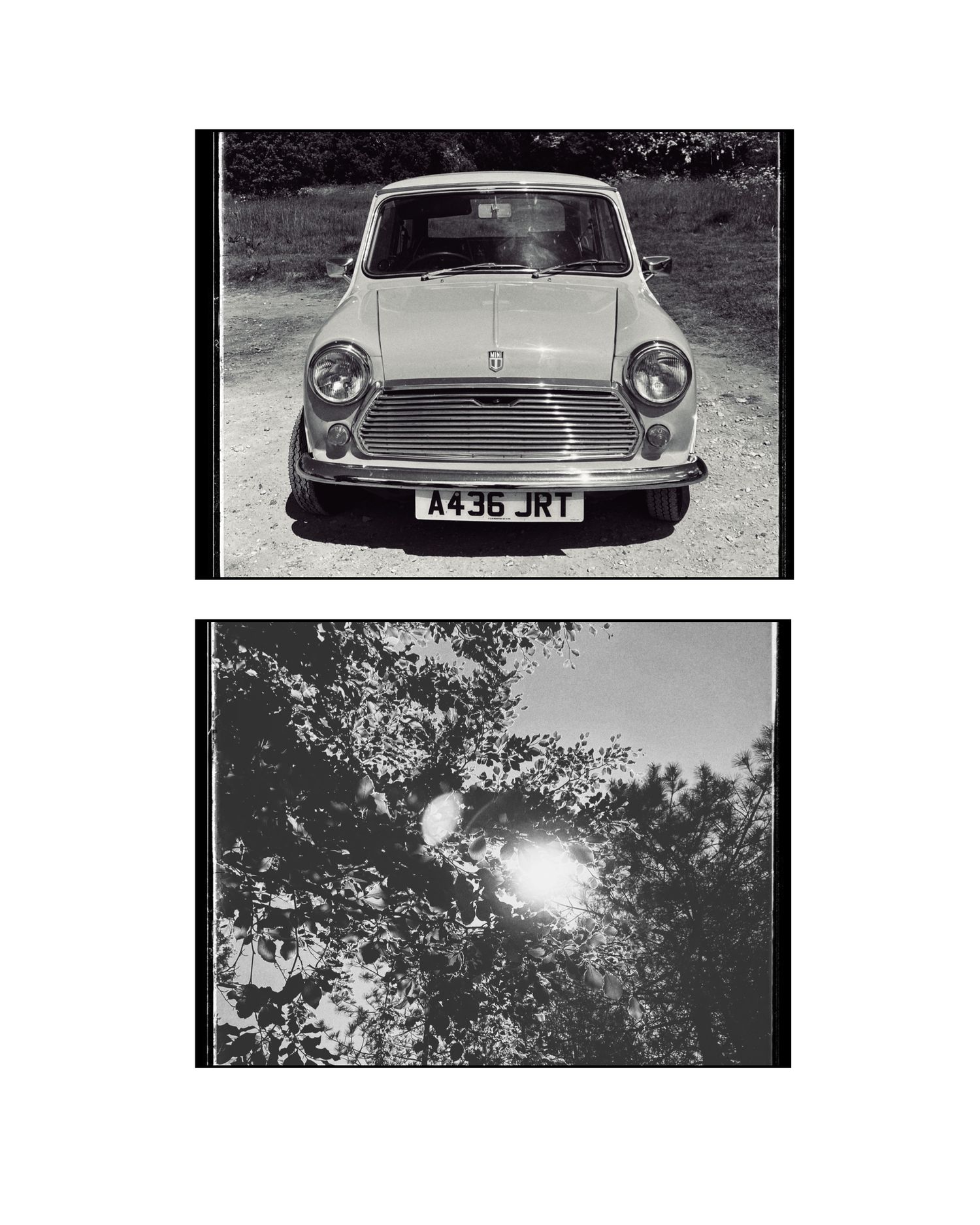 Vintage Mini Cooper car above a moody black and white landscape photo of sun through trees.