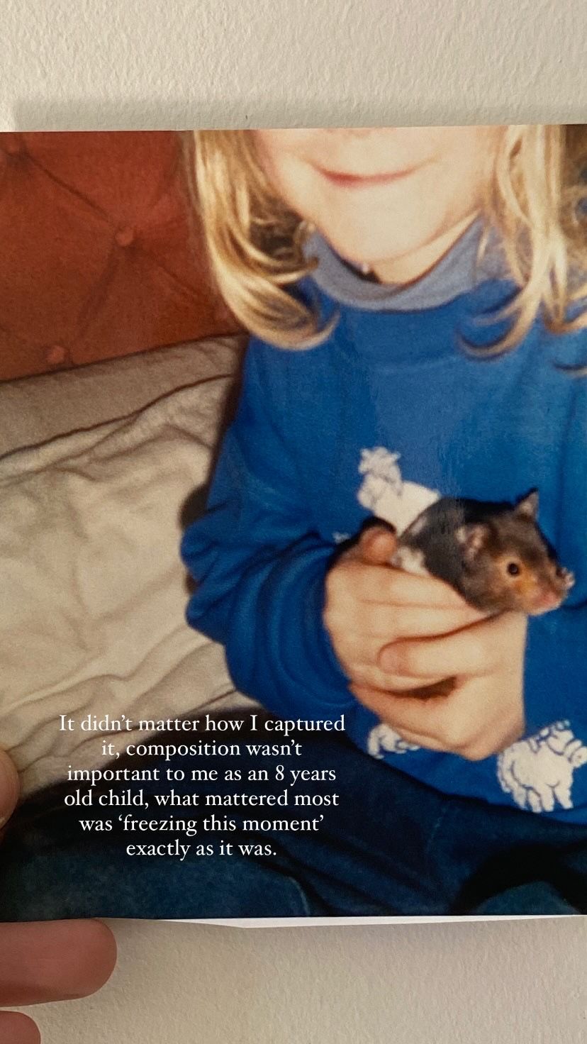 A young child in a blue shirt holds and pets a small hamster or gerbil pet.