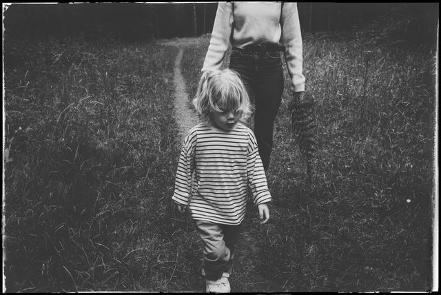 A young child in a striped shirt stands in front of an adult on grassy ground in black and white photography.