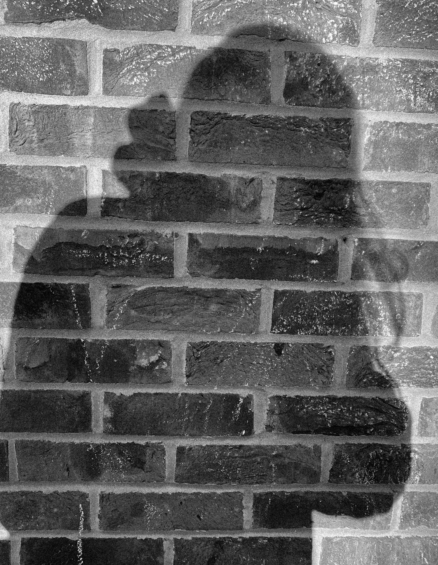 Shadow silhouette cast against a brick wall in black and white.