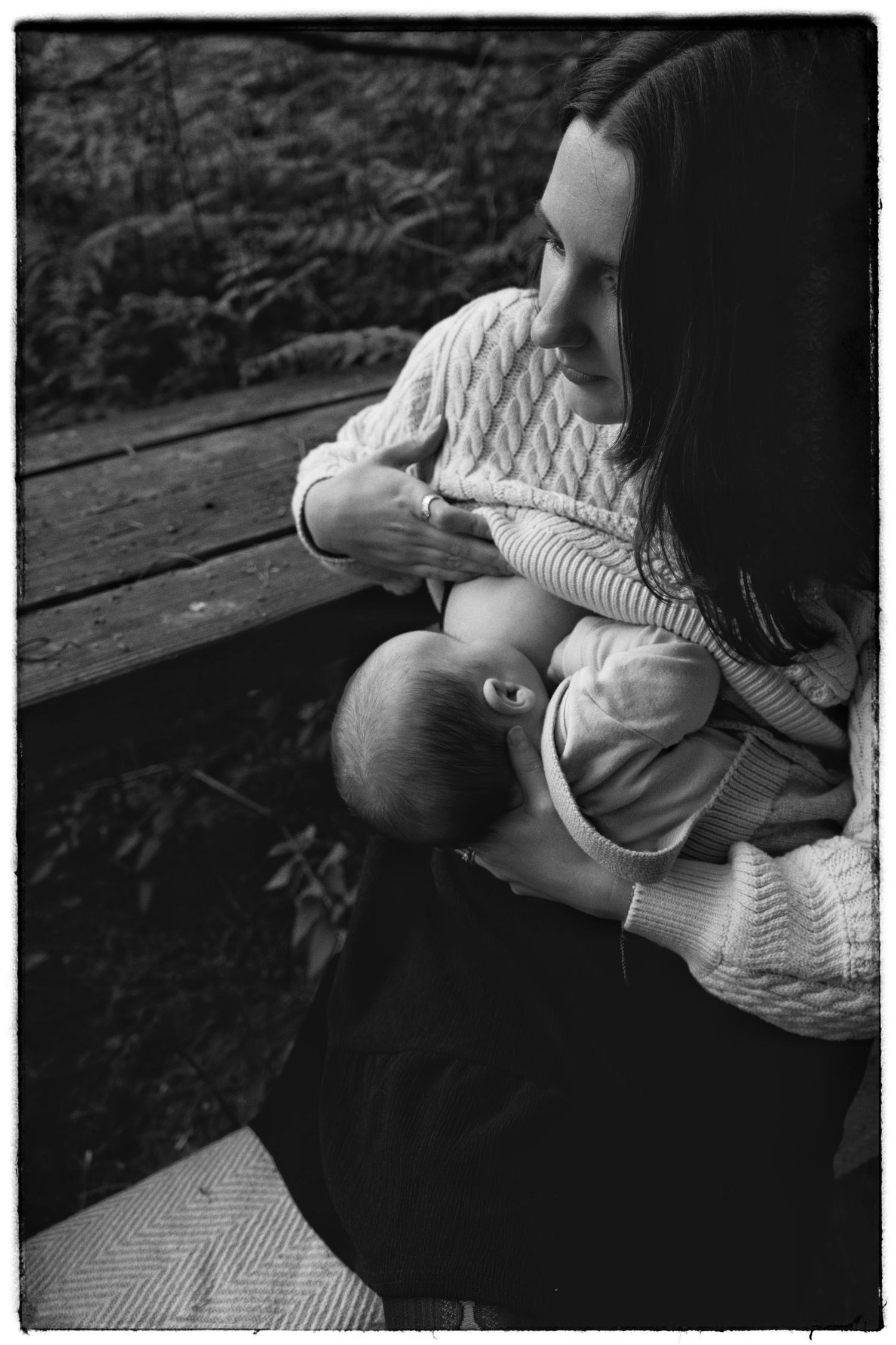 Black and white photographs show tender moments of breastfeeding on a bench outdoors in a natural setting.