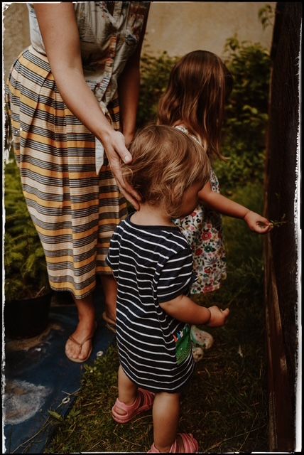 A sequence of photos showing a parent and small child exploring outdoors together during golden hour lighting.