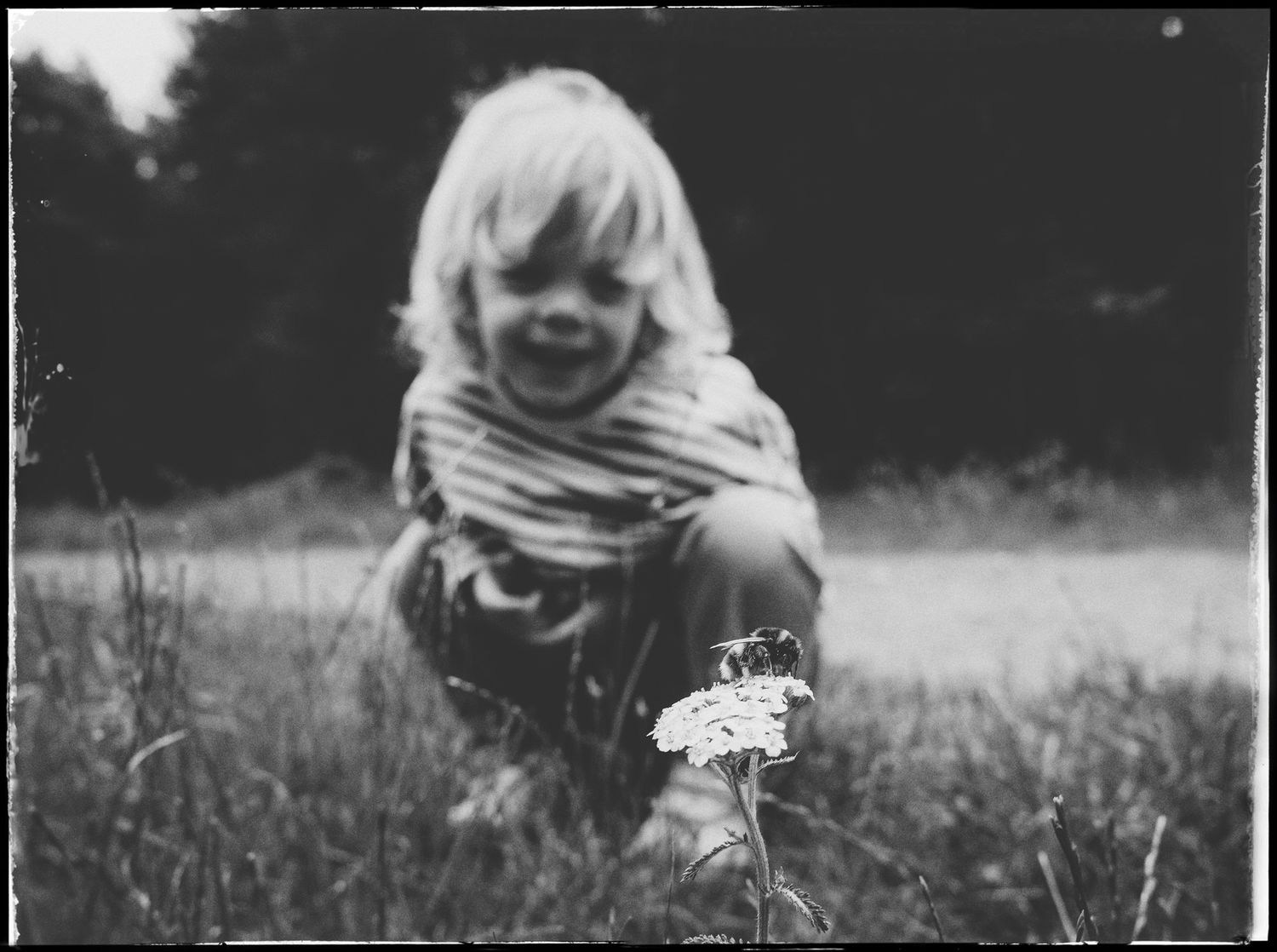 A vintage black and white photograph shows a playful child crouching down in a grassy field with wildflowers.
