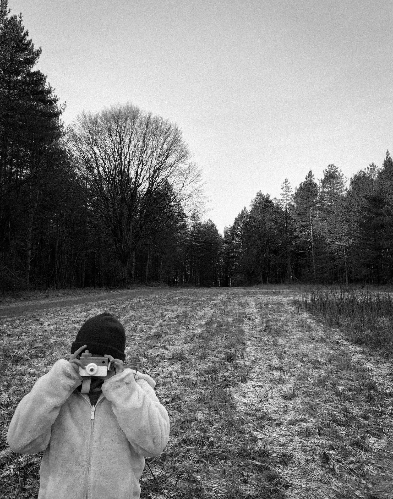 A person in winter clothing holds binoculars in a stark black and white forest landscape.