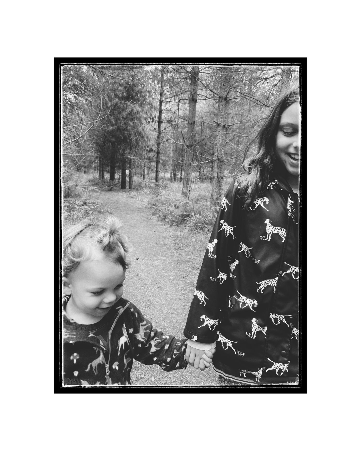 Black and white photo showing a nature walk through a wooded area.