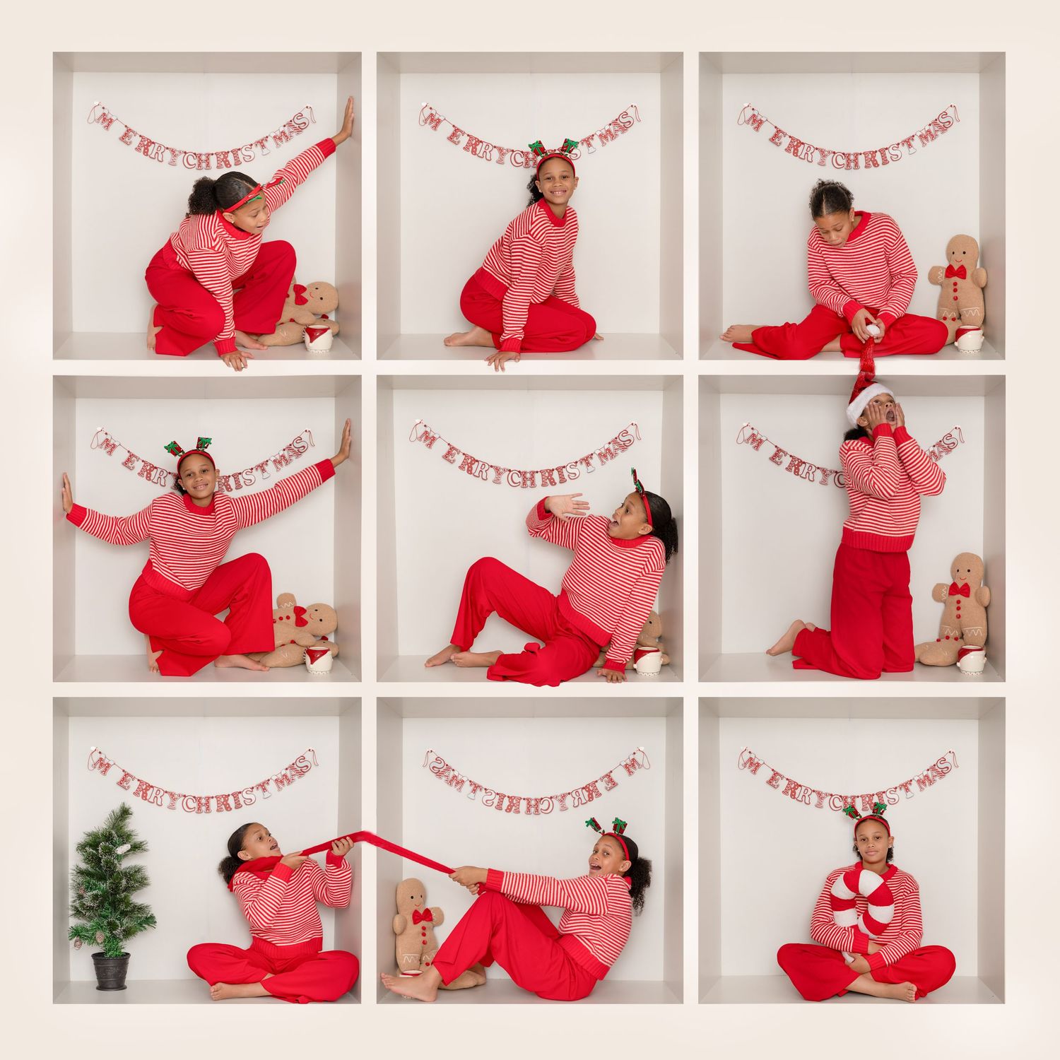 Playful Christmas collage of a child in a red dress and Santa hat, striking fun poses with festive props and decor