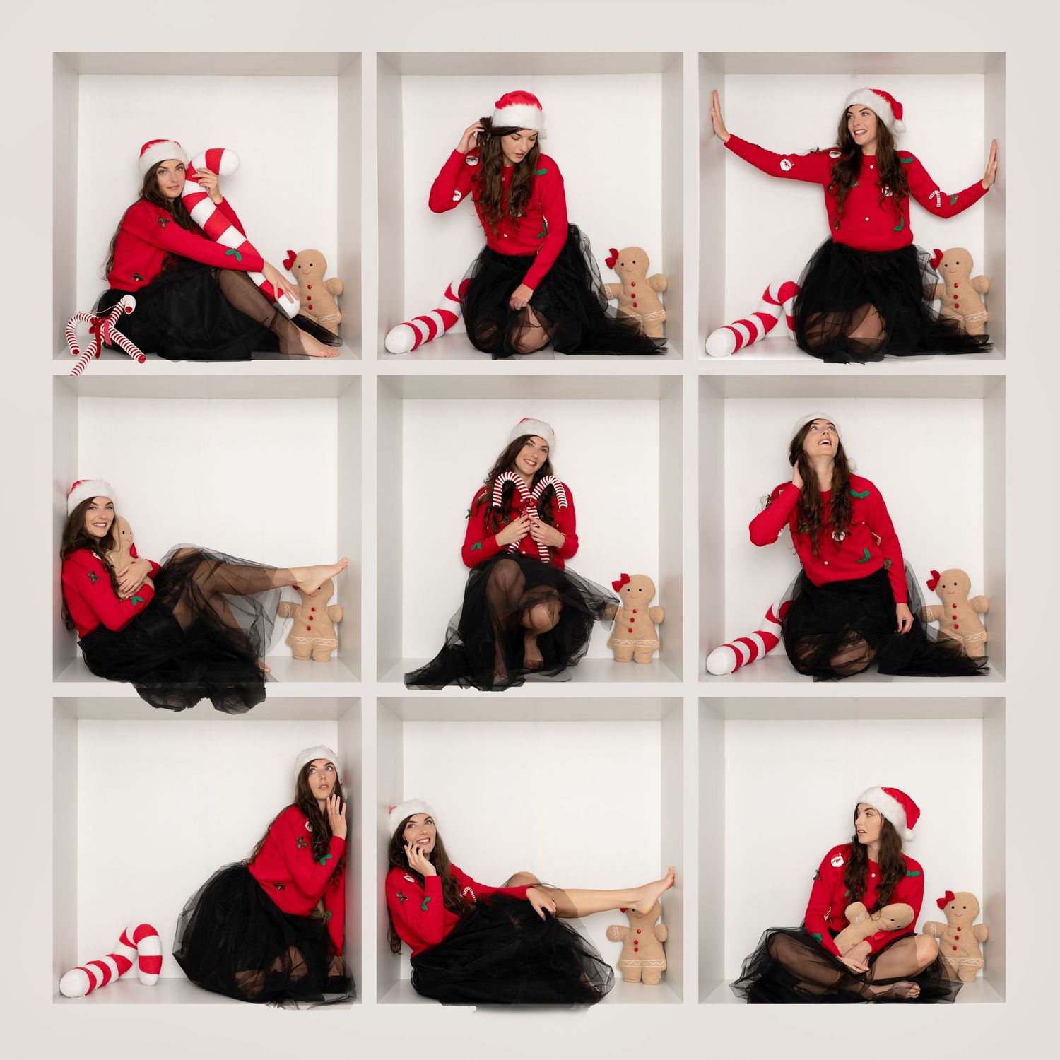 Festive photo collage of a family wearing red and black Christmas outfits, posing playfully in a white studio setting