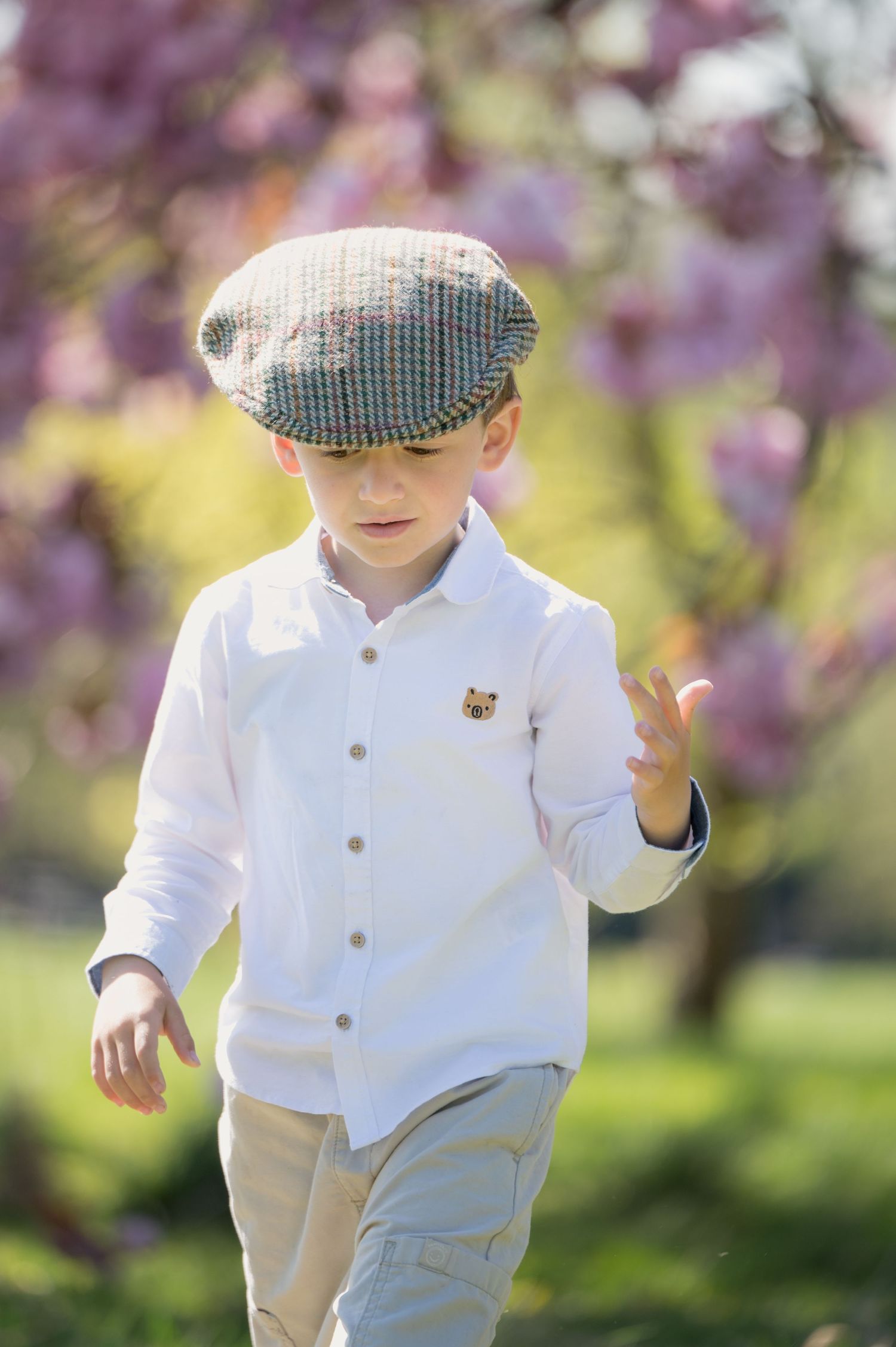 Young boy in a white shirt walking through a garden of blooming pink cherry blossoms, with soft golden sunlight in the background.