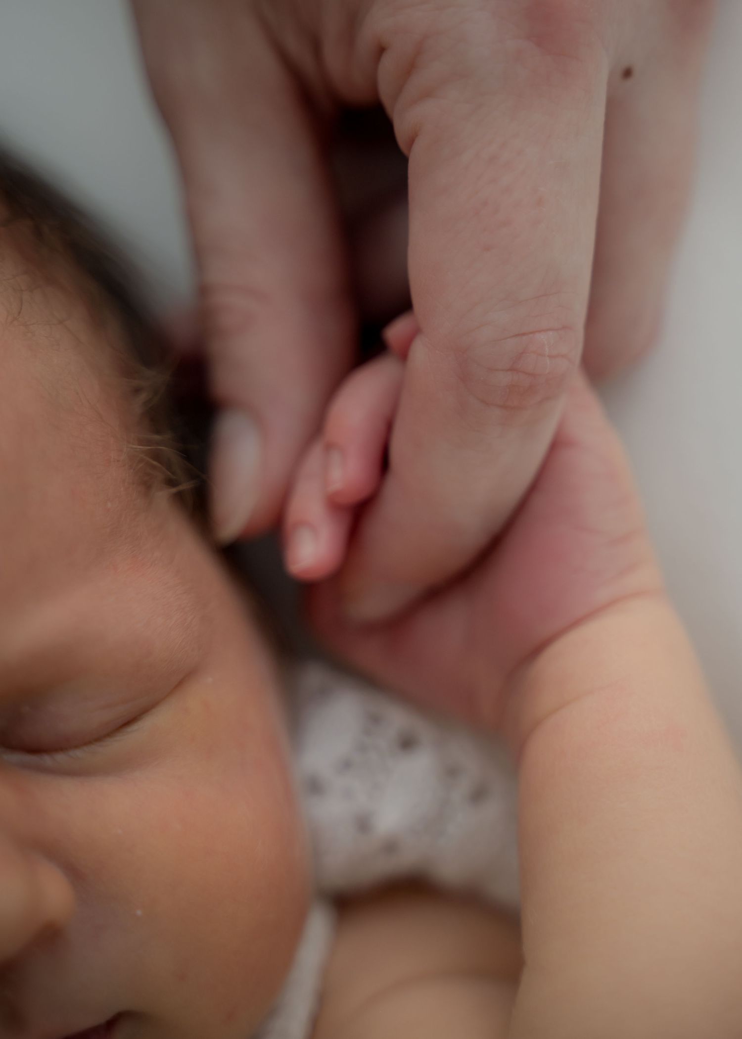 Close-up of newborn baby held gently by a parent’s hands