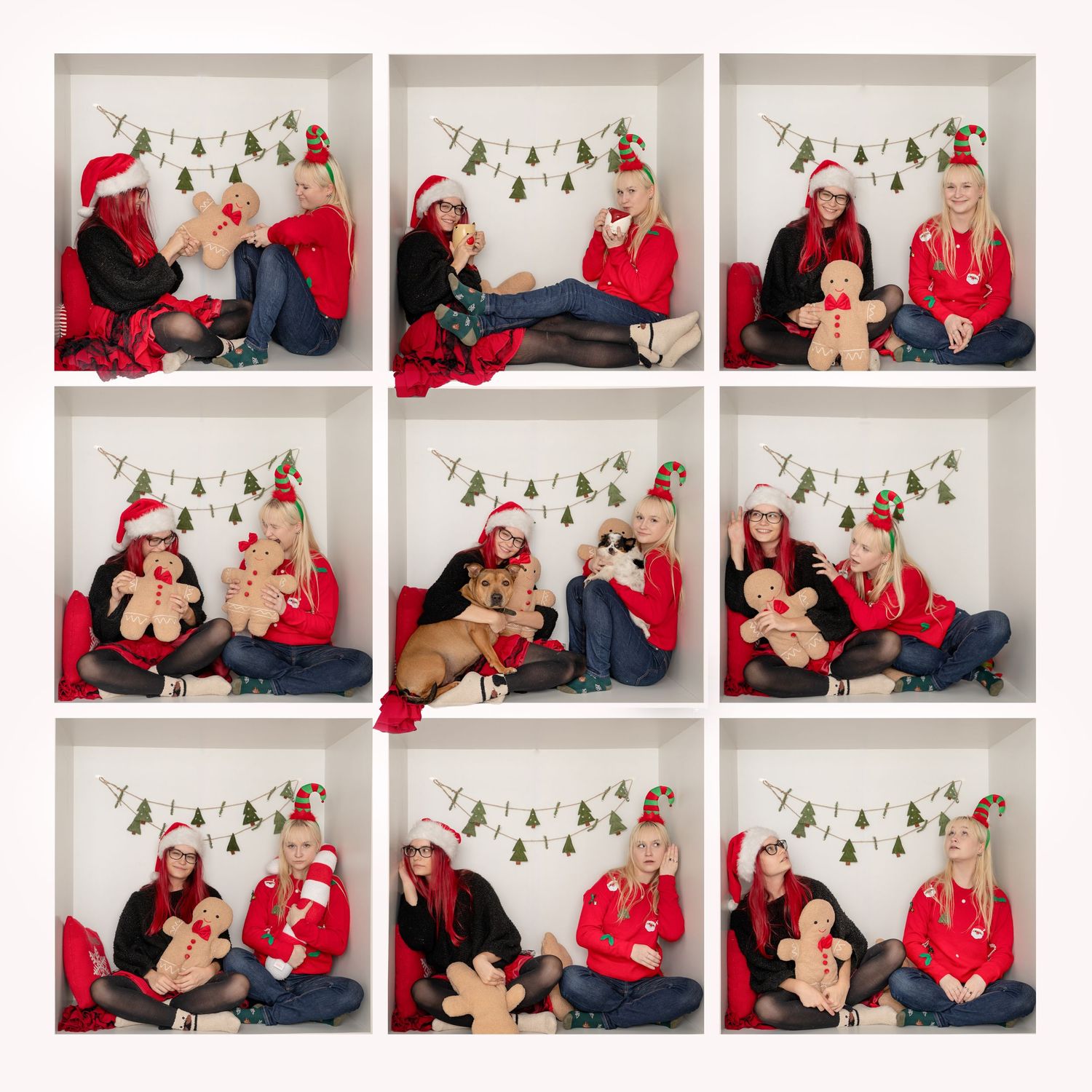 Christmas photo grid of a couple in red and black outfits posing together in a festive white studio with holiday decor