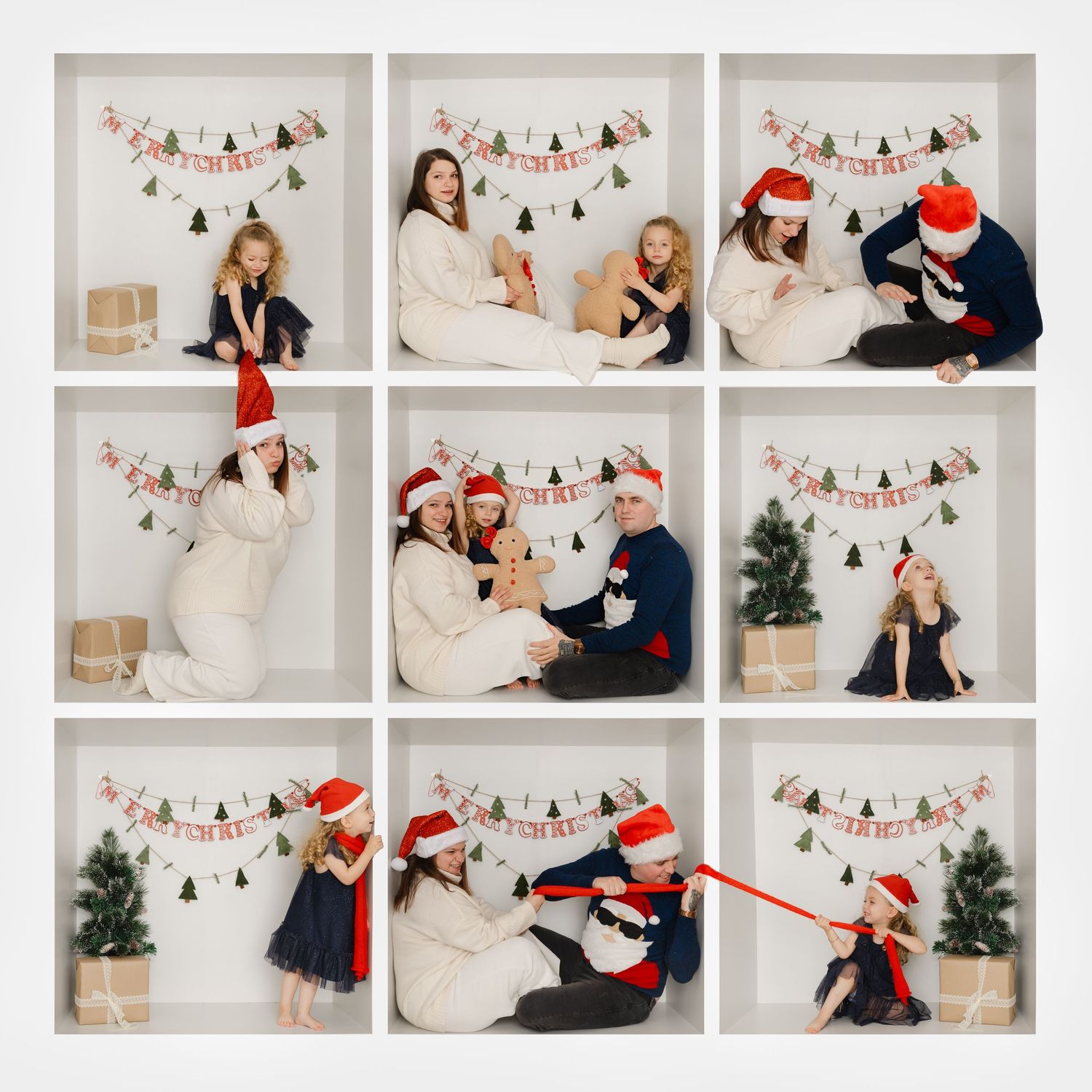 Festive photo collage of a family wearing red and black Christmas outfits, posing playfully in a white studio setting