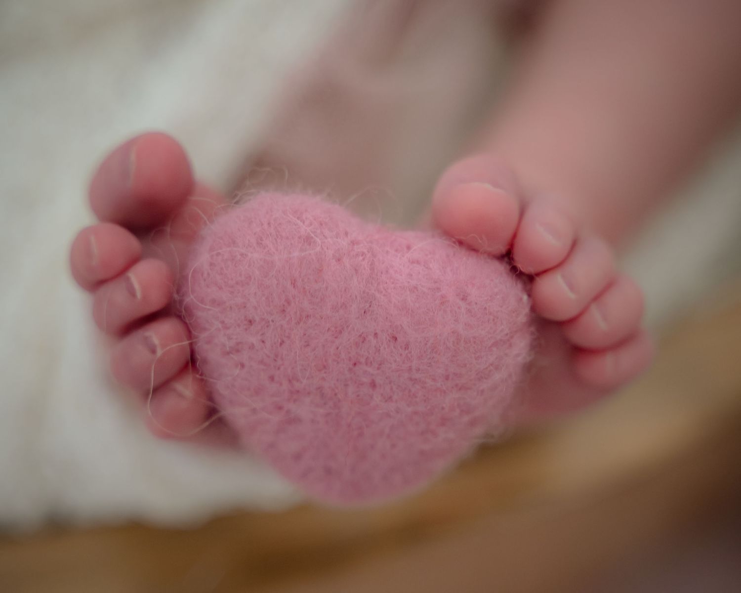 Close-up of newborn feet gently holding a small pink knitted heart.