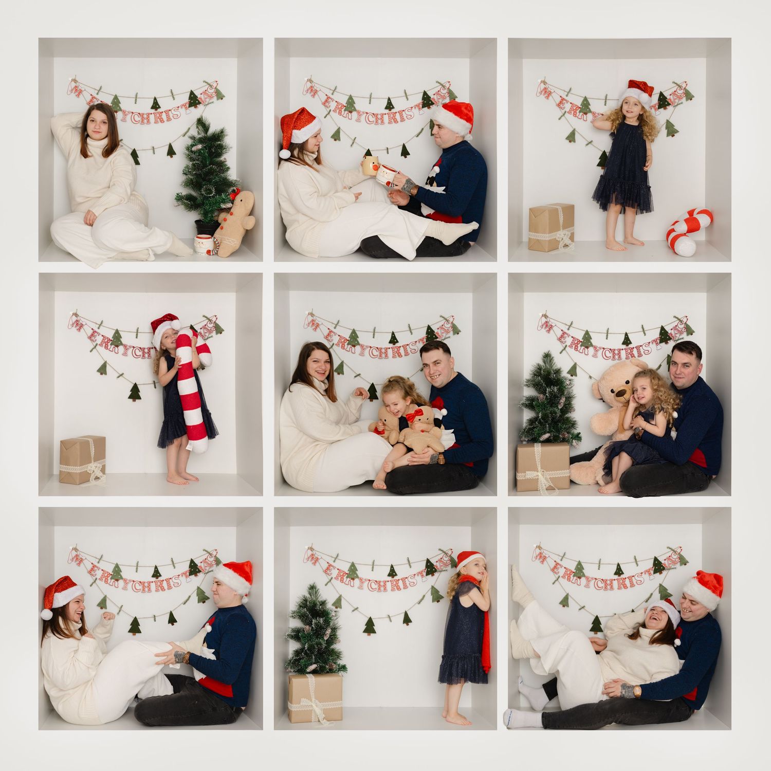Festive photo collage of a family wearing red and black Christmas outfits, posing playfully in a white studio setting