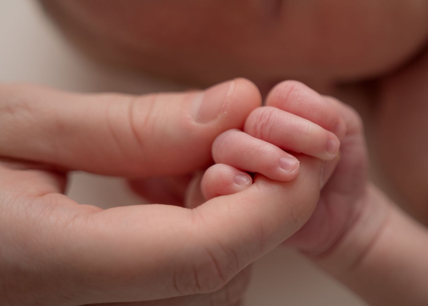 Close-up of a newborn’s tiny feet held by adult hands.