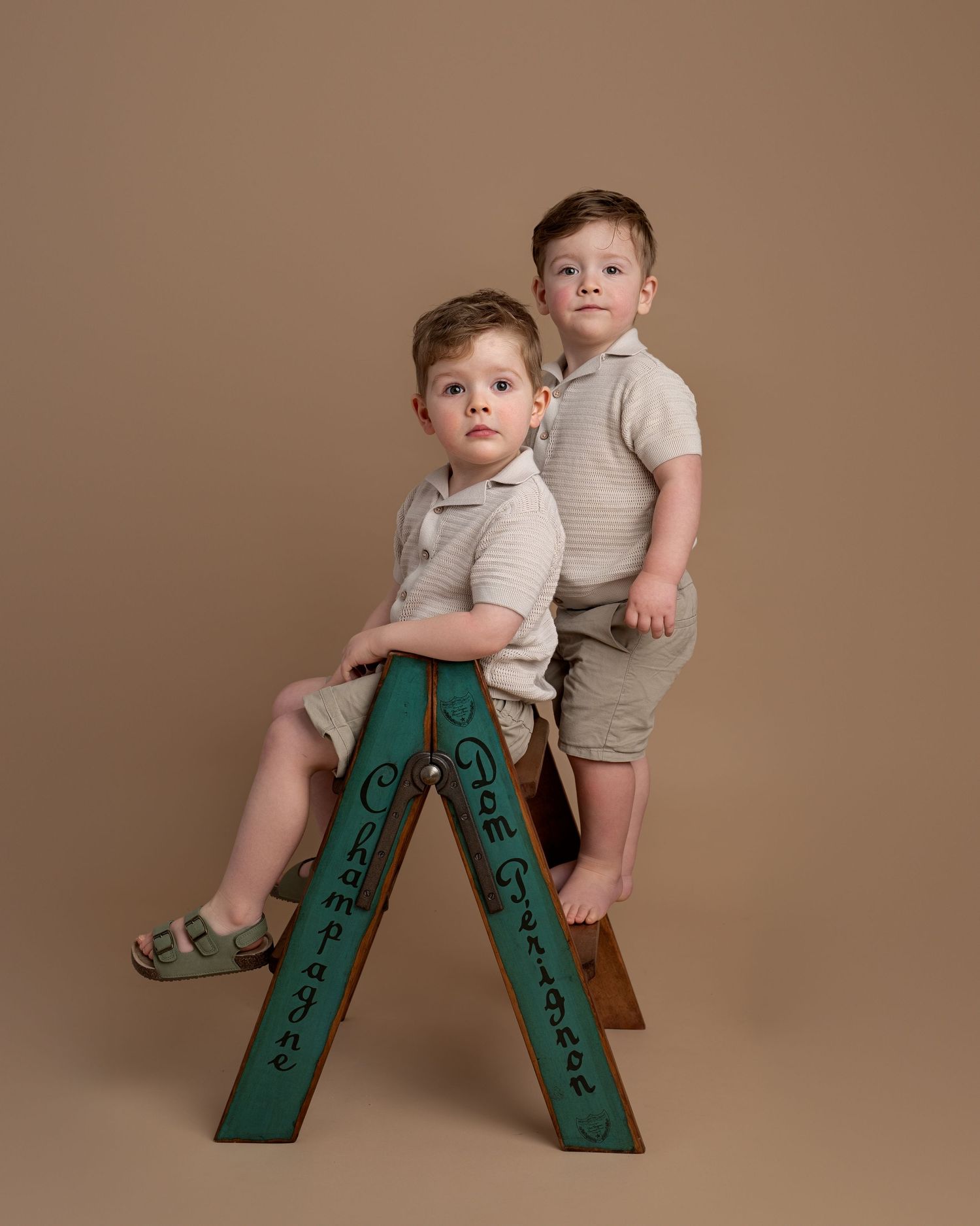 Two young brothers posing together on a wooden ladder during a studio children photoshoot in Lancashire