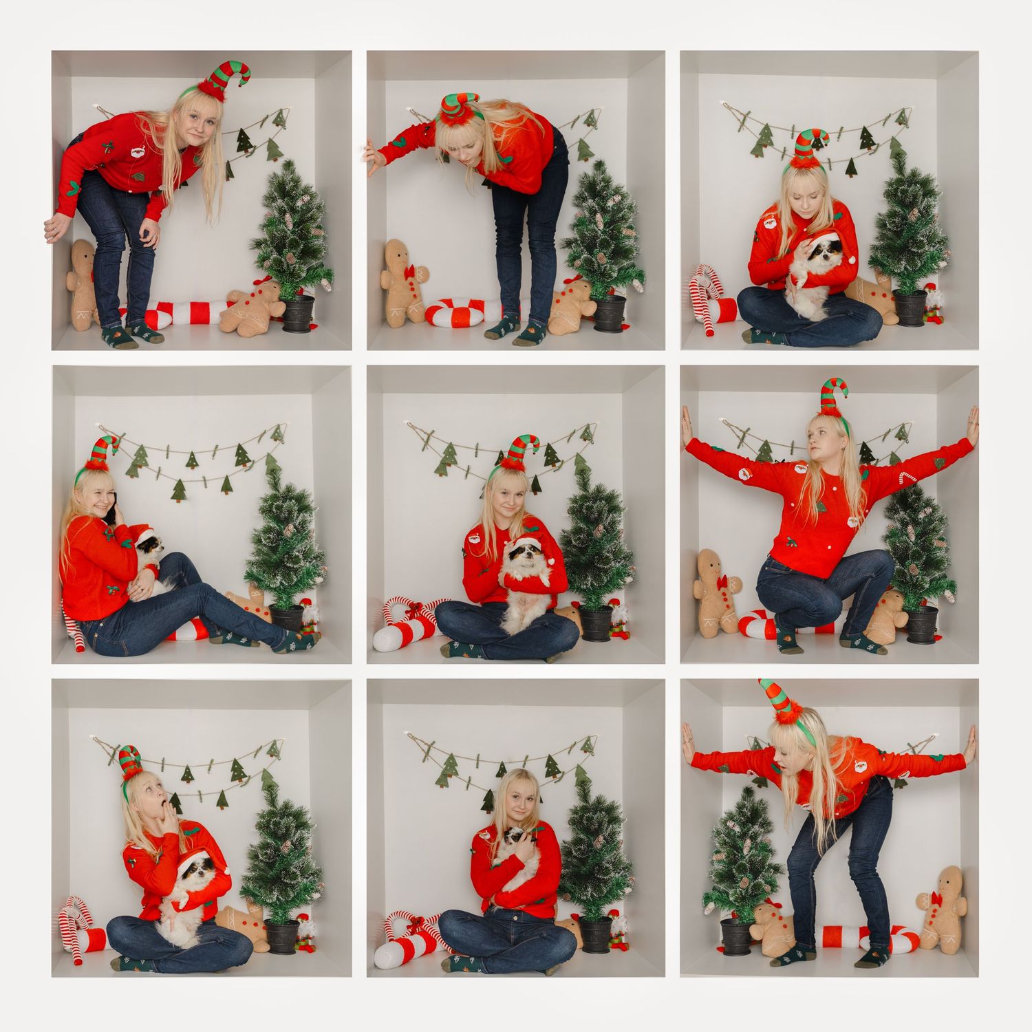 Nine-square Christmas collage of children baking and playing at a festive kitchen setup with cookies and red details