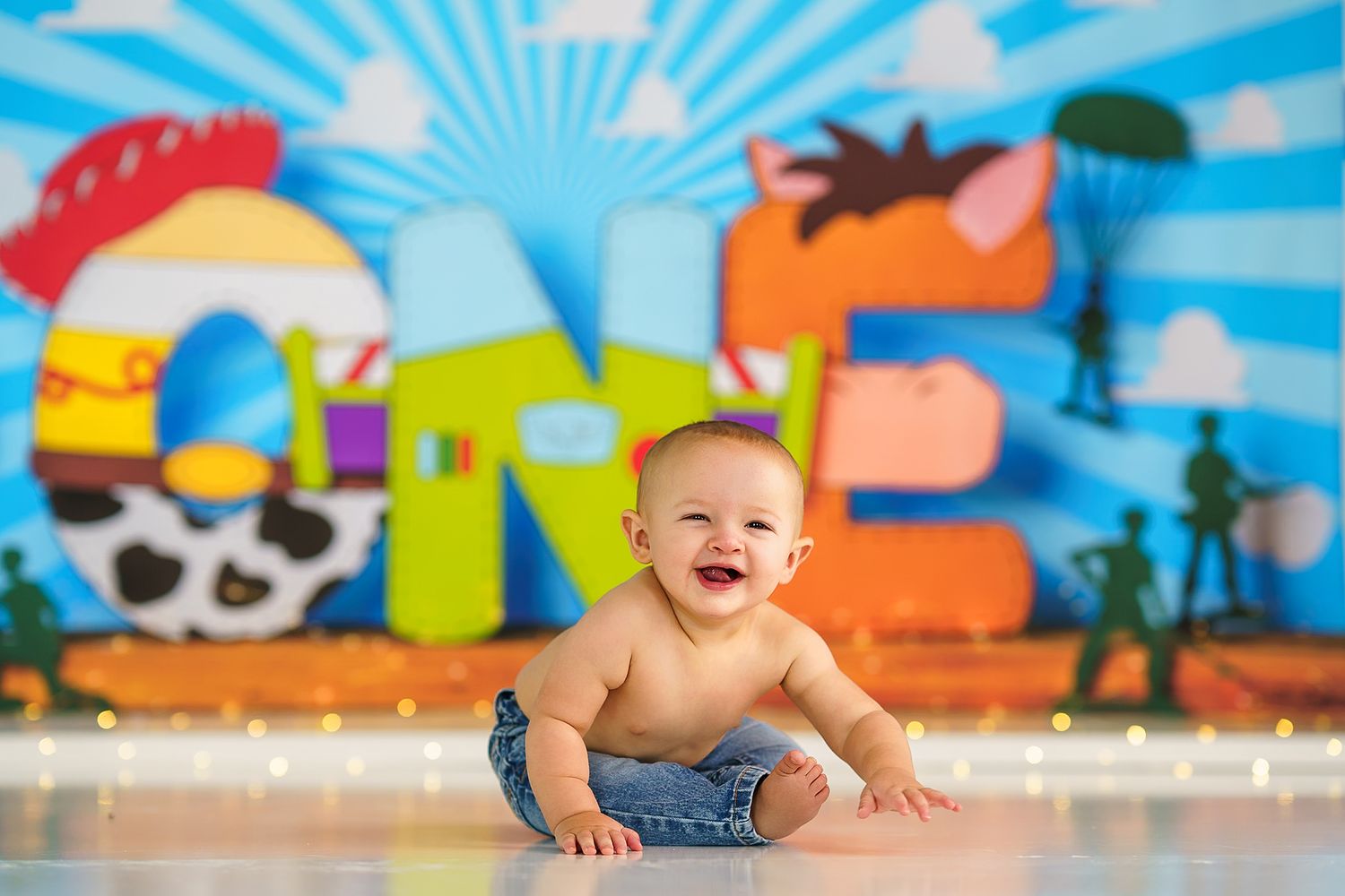 Vibrant children's playroom with blue sunburst pattern and decorative elements.