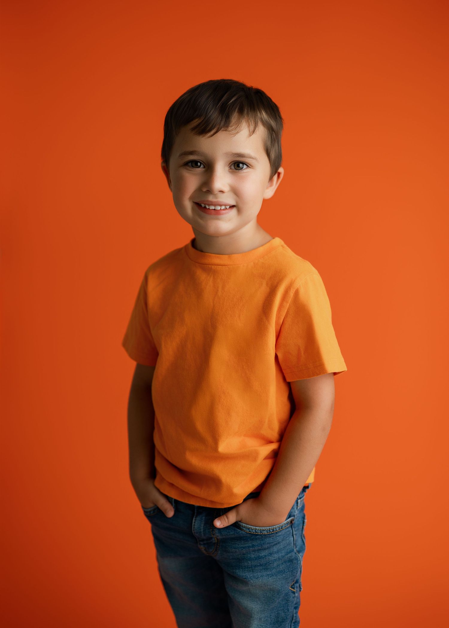 Child in bright orange shirt strikes different playful poses against matching orange backdrop.