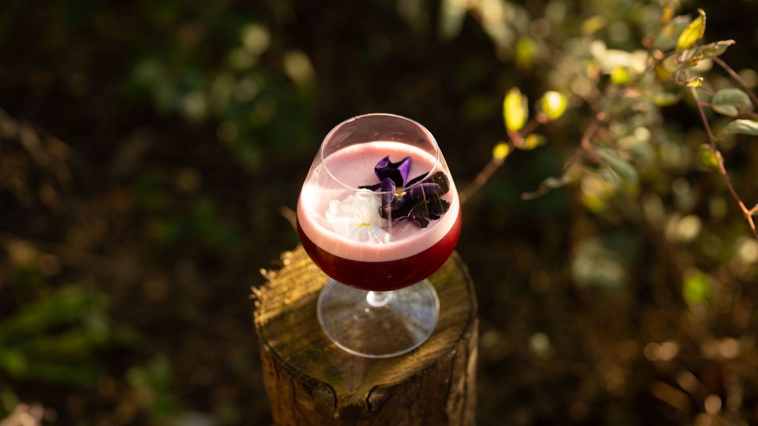 Close-up of pink cocktails in stemmed glasses with garden backdrop.