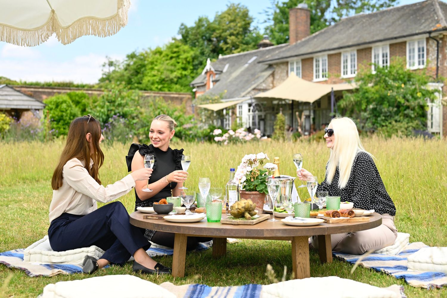 Outdoor picnic setup with blankets and dining arrangements in a grassy field.