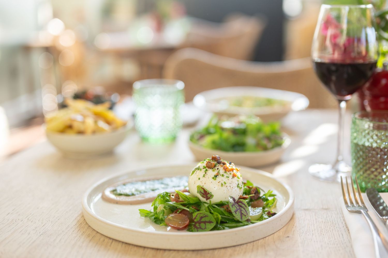 Artfully plated gourmet dishes on white plates with fresh garnishes.