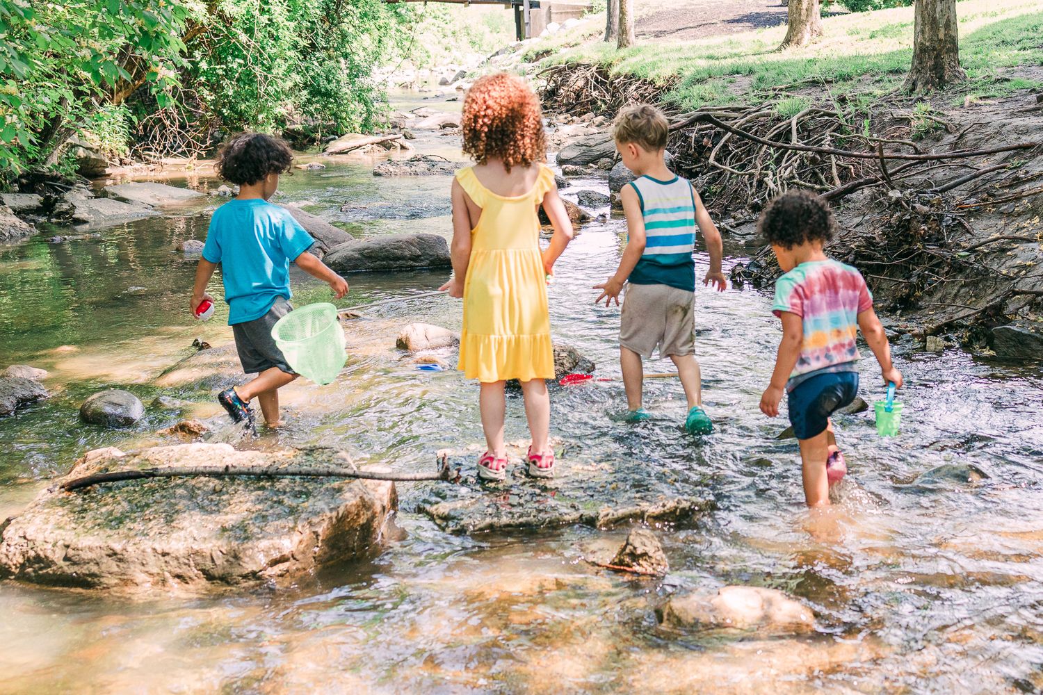Children playing and splashing in a shallow creek on a sunny summer day.