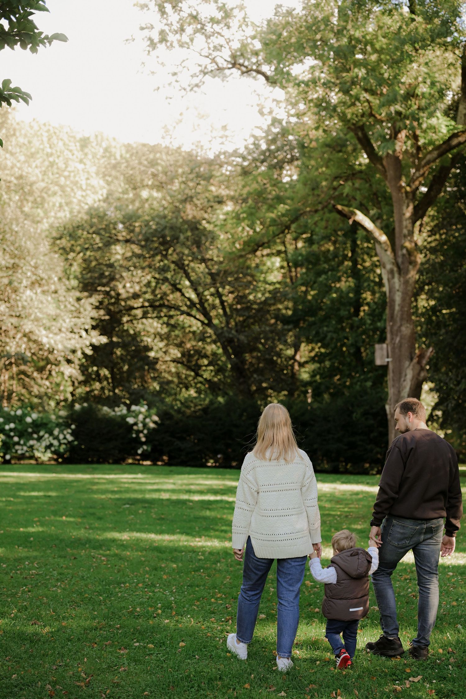 Family of three walking hand-in-hand through a lush green park, viewed from behind on a sunny day.