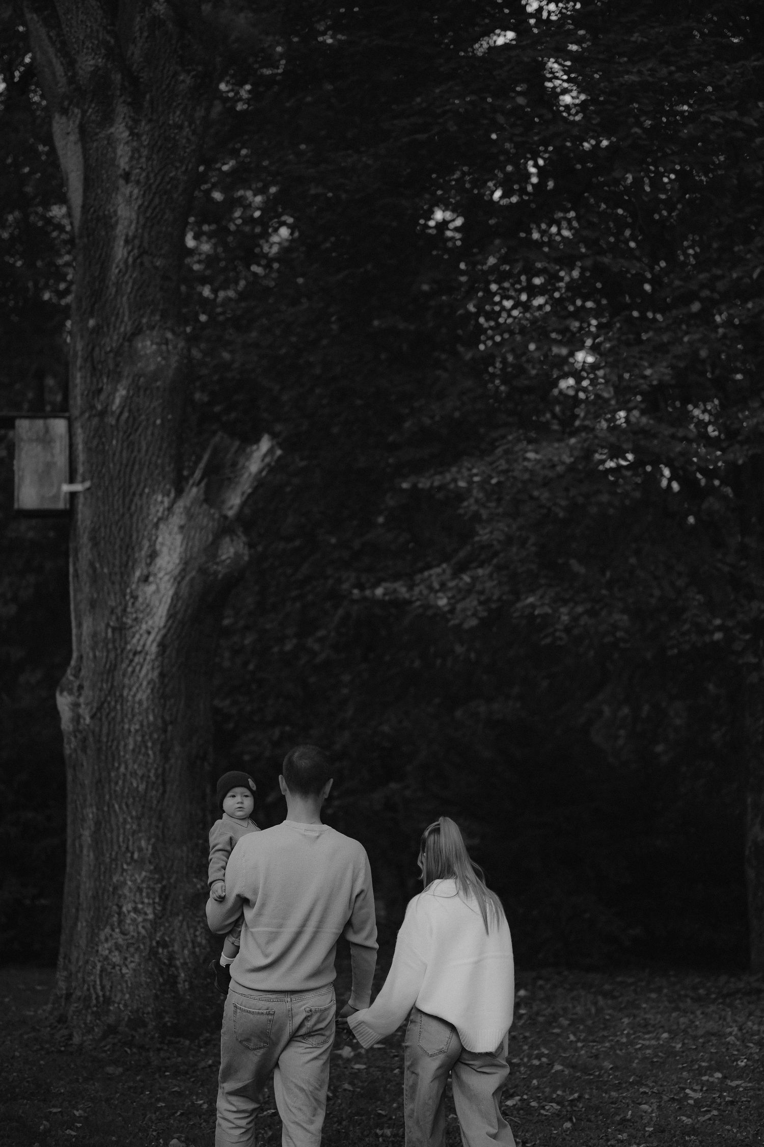 Black and white photo of a family with a young child looking at a large tree in a dark park.