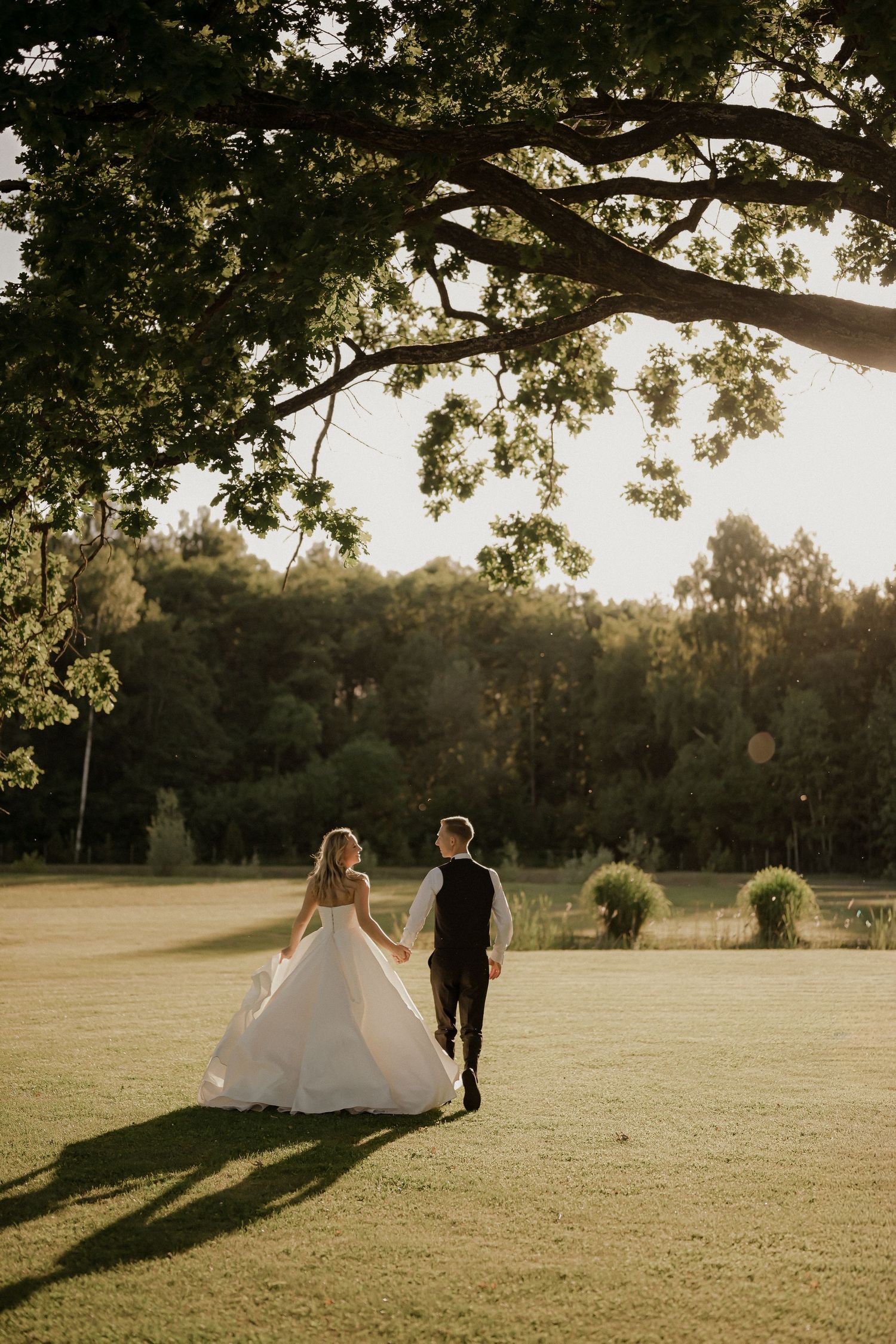 Bride and groom walk hand in hand across lush green lawn beneath a large oak tree at golden hour.