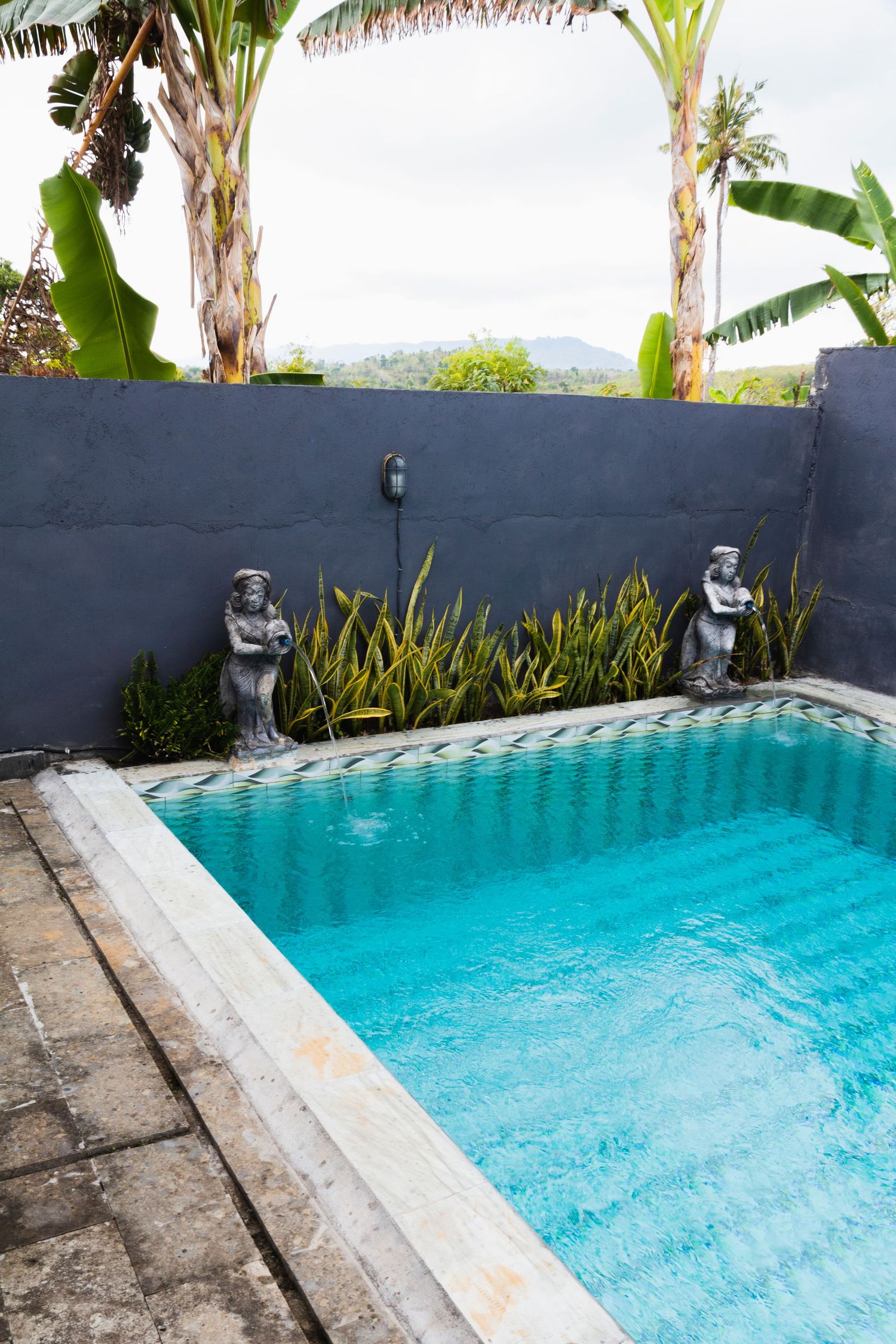 Turquoise villa swimming pool with two stone statues, tropical plants and banana trees against a dark gray wall.
