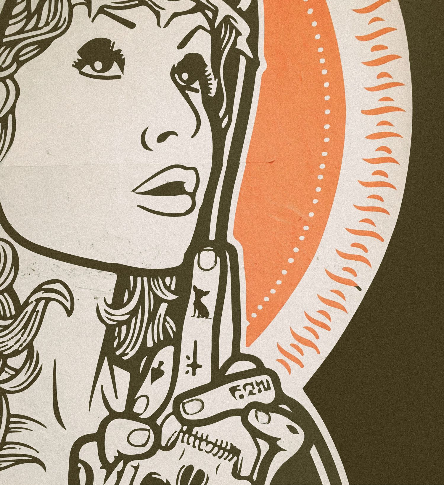 Retro pop art illustration of a woman with tattoos holding a gun, orange halo background, bold black outlines.
