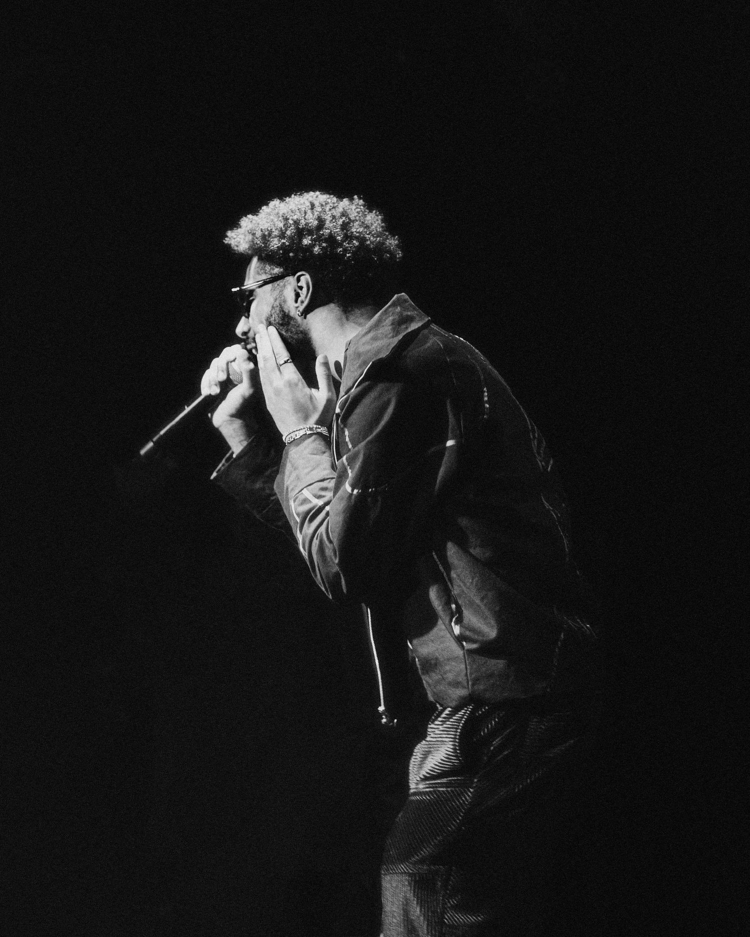 A black and white photo of a curly-haired male singer performing with a microphone on stage.
