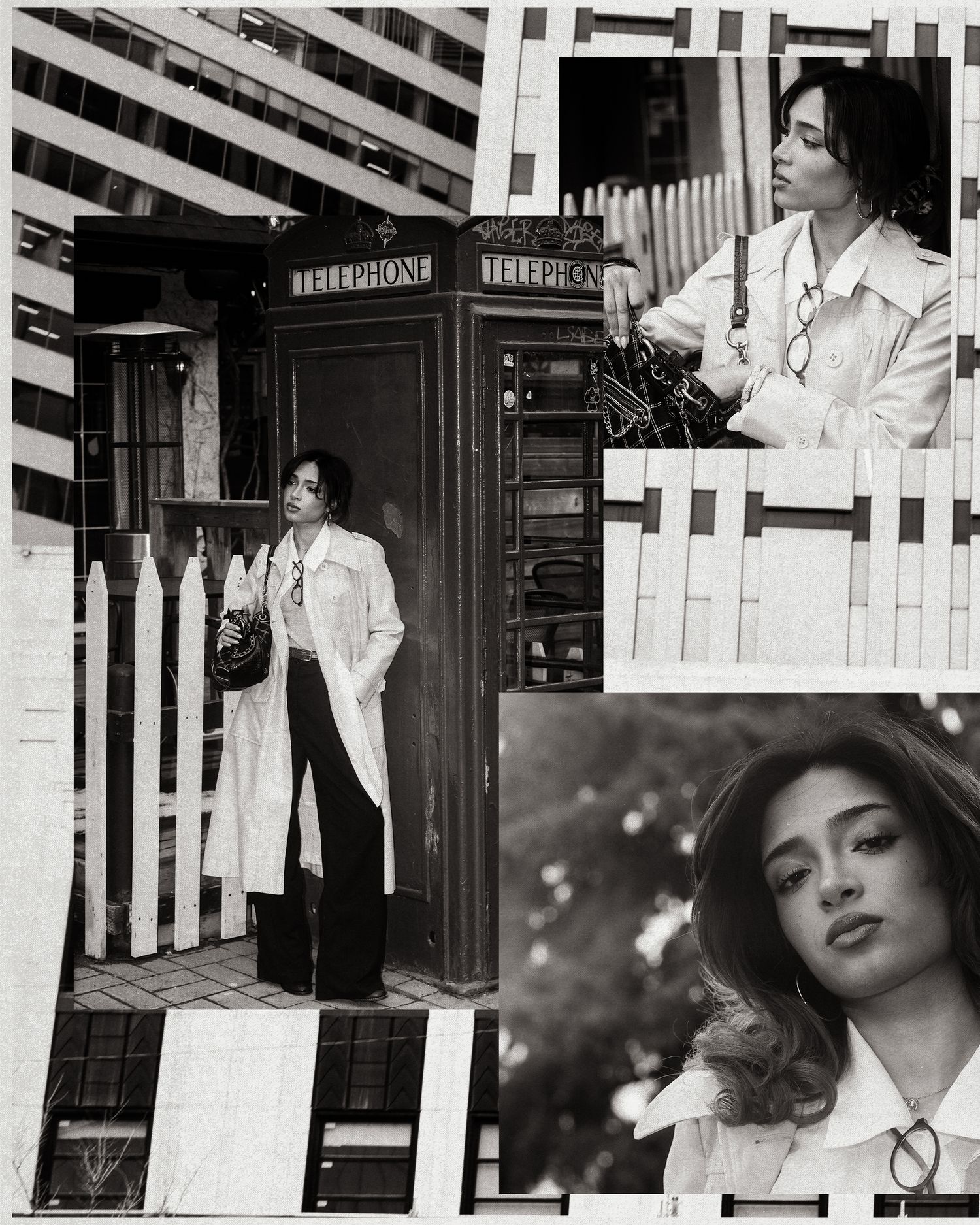 Black and white photo collage of woman in long white coat near British telephone box with close-up portrait.